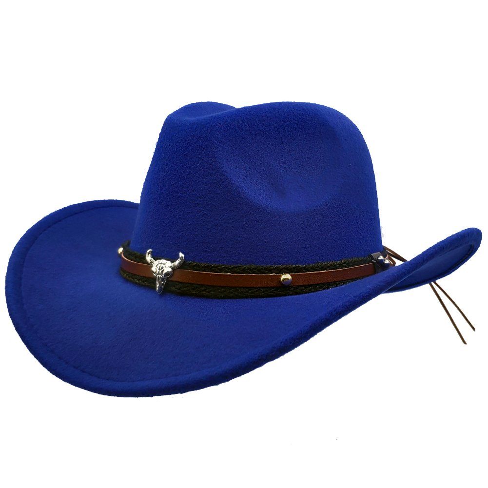 Yalion Cowboyhut Western Cowboyhut Herren Temperament Sämischleder Hut Blau geschwungene Krempe