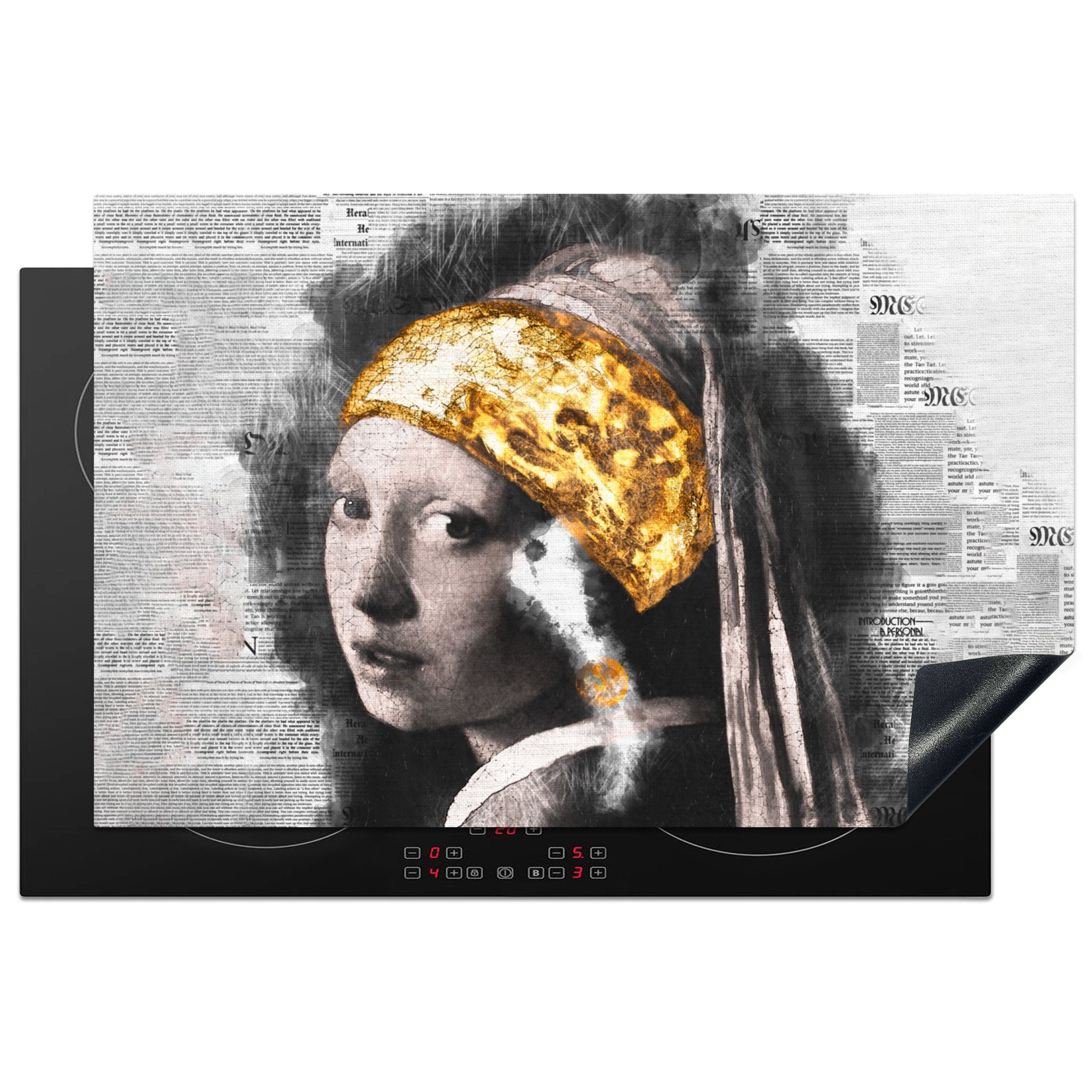 MuchoWow Herdblende-/Abdeckplatte Das Mädchen mit dem Perlenohrring - Vermeer - Collage, Vinyl, (1 tlg), 81x52 cm, Induktionskochfeld Schutz für die küche, Ceranfeldabdeckung