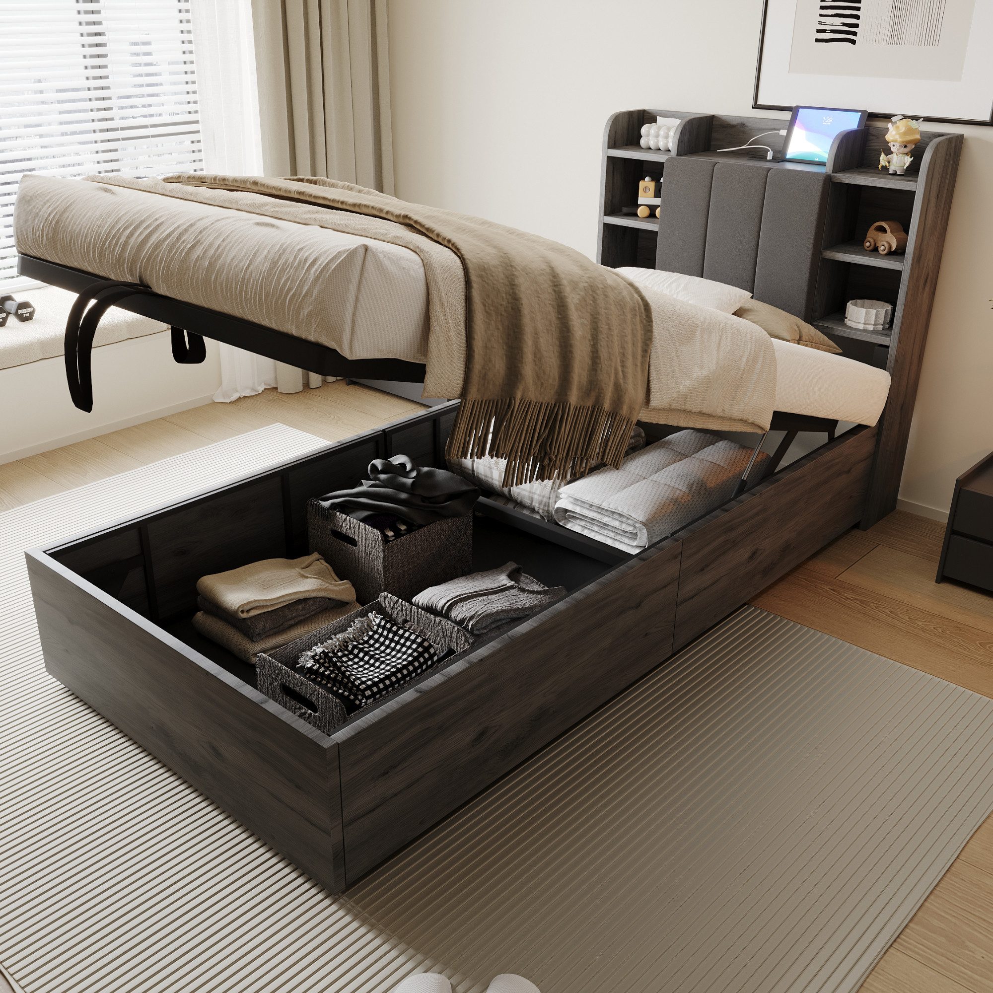 REDOM Stauraumbett Hydraulisches Holzbett, Mit USB- & Tape-C-Steckdose (Ver günstig online kaufen