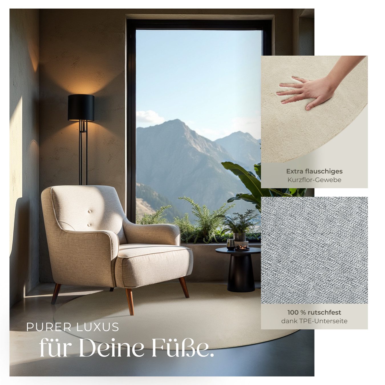 tectake Teppich Kurzflorteppich mit flauschiger Oberfläche, allergikerfreundlich, Rund, Höhe: 1,50 mm, strapazierfähig, pflegeleicht, waschbar, rutschfeste Unterseite