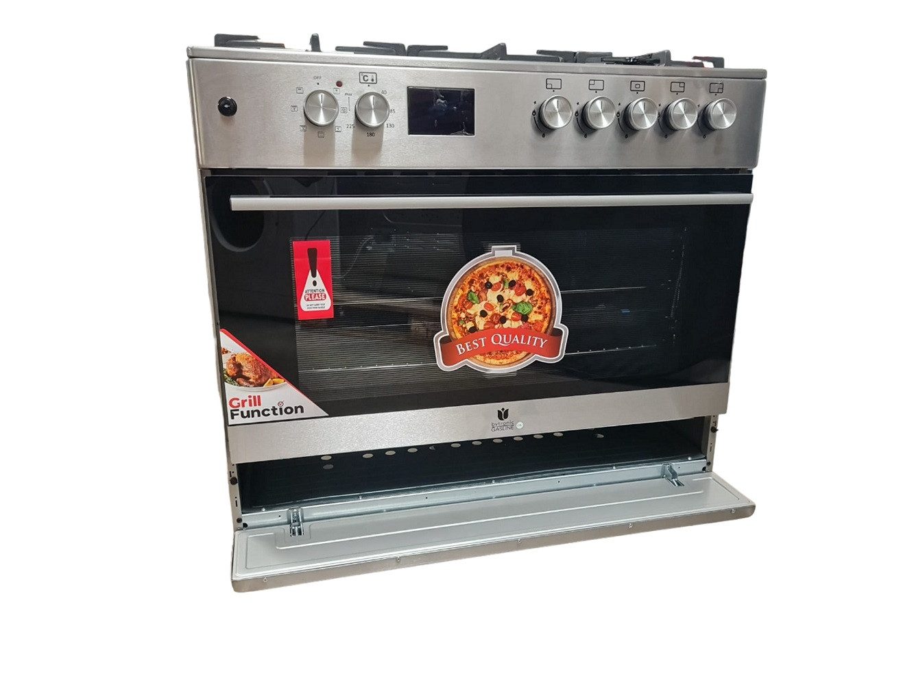 Gasline Gas-Standherd mit Elektro Backofen GAG90GOXEL, mit 1-fach-Teleskopauszug, Edelstahl, Vollzündsicherung, 90 cm breit mit WOK Brenner und Drehspieß