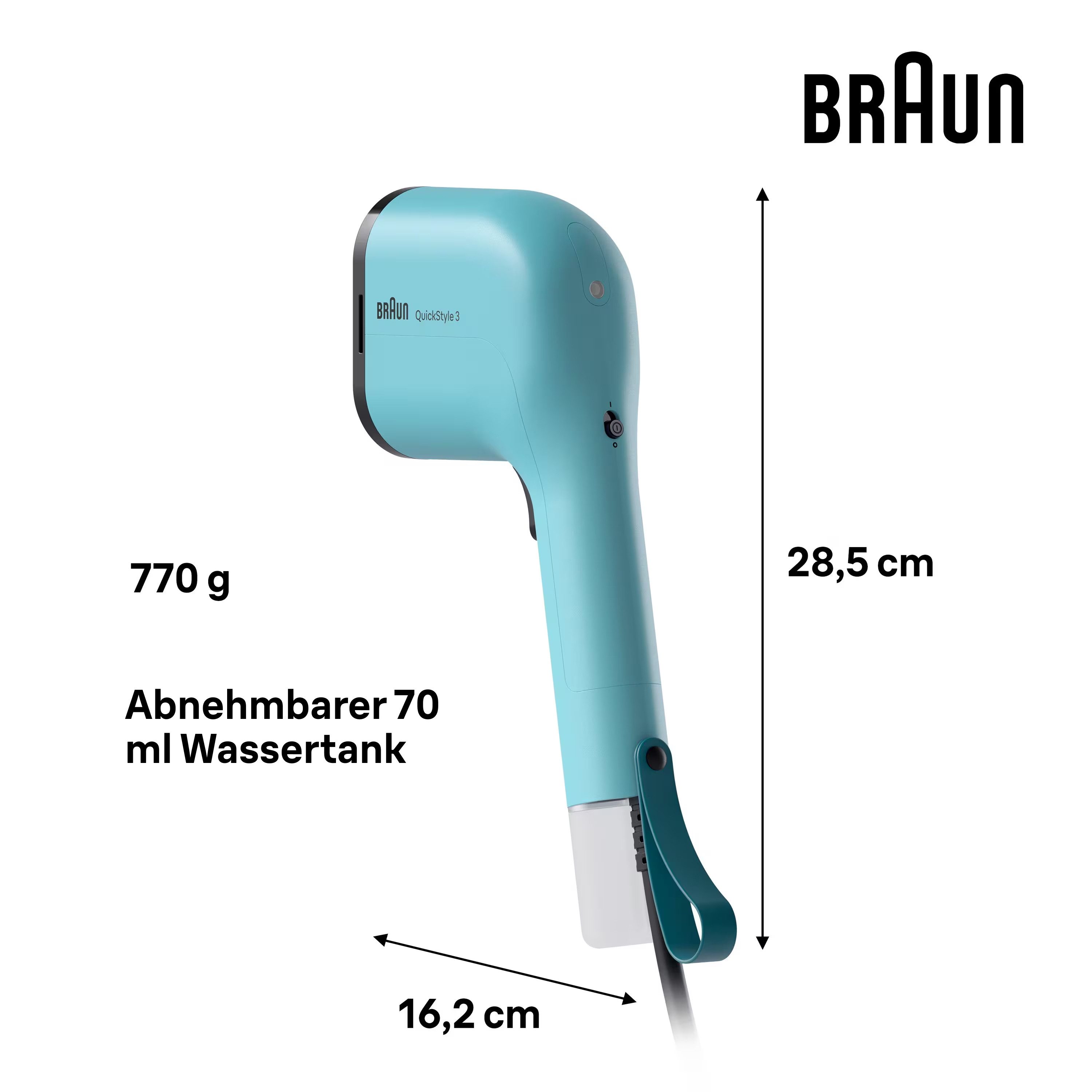 Braun Dampfbürste QuickStyle 3 GS 3013 GR - 20 g/min Dampfmenge, 30 Sek. Aufheizzeit, 1100 W, 1.100 W, 70 ml Wassertank, hitzebeständige Tasche, 2,0 m Kabel