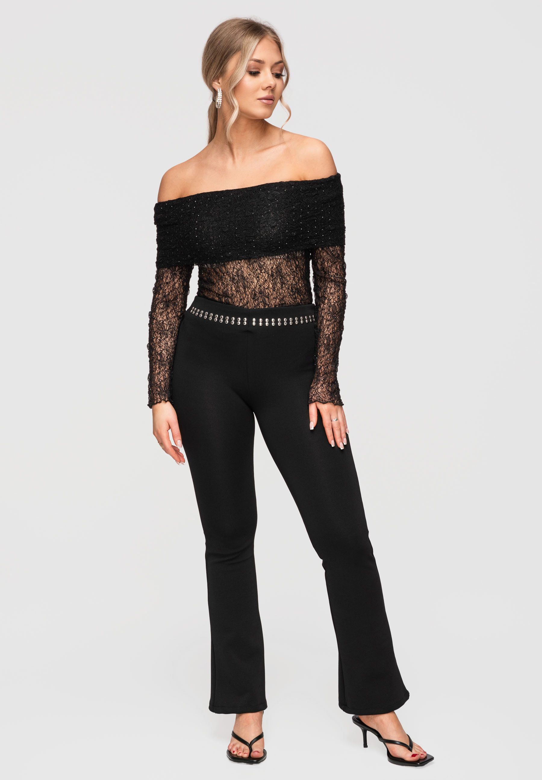OMBRE Carmenbluse Damen Carmenbluse Spitze Elegant Schwarz S/M (kein Set, 1-tlg) Ajour-Muster, transparente Ärmel