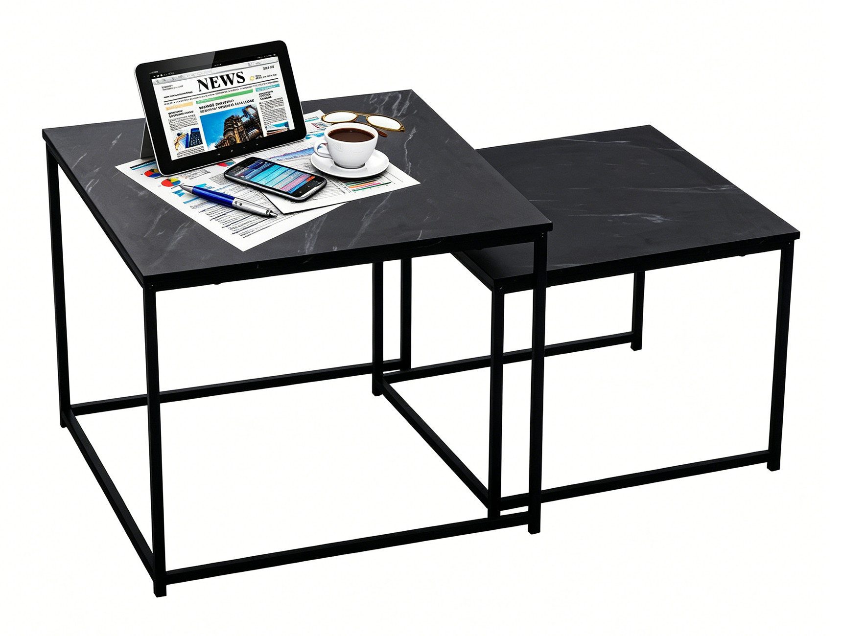 BIGTREE Couchtisch 2er set beistelltisch rund, stapelbar, Holz & Metall für Wohnzimmer