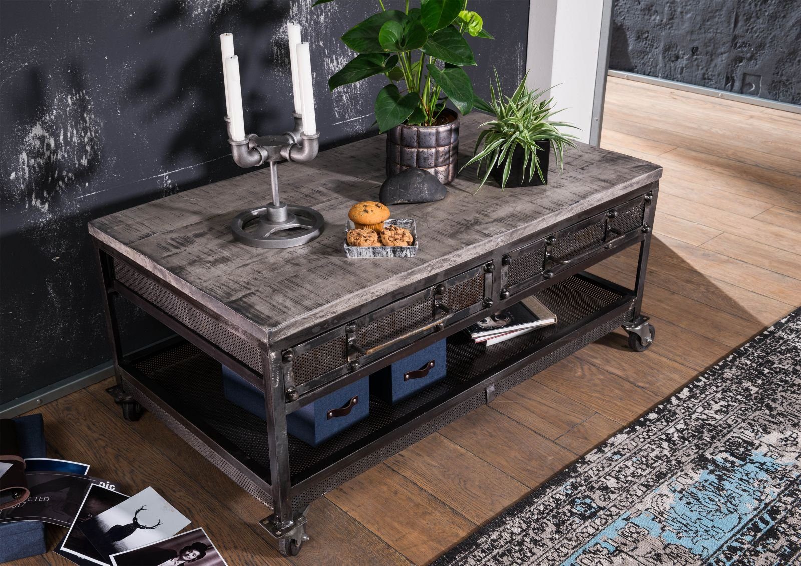 Massivmoebel24 Couchtisch HEAVY INDUSTRY (Massivholz, Massivholztisch), Couchtisch Mango 110x60x50 grau lackiert HEAVY INDUSTRY #122