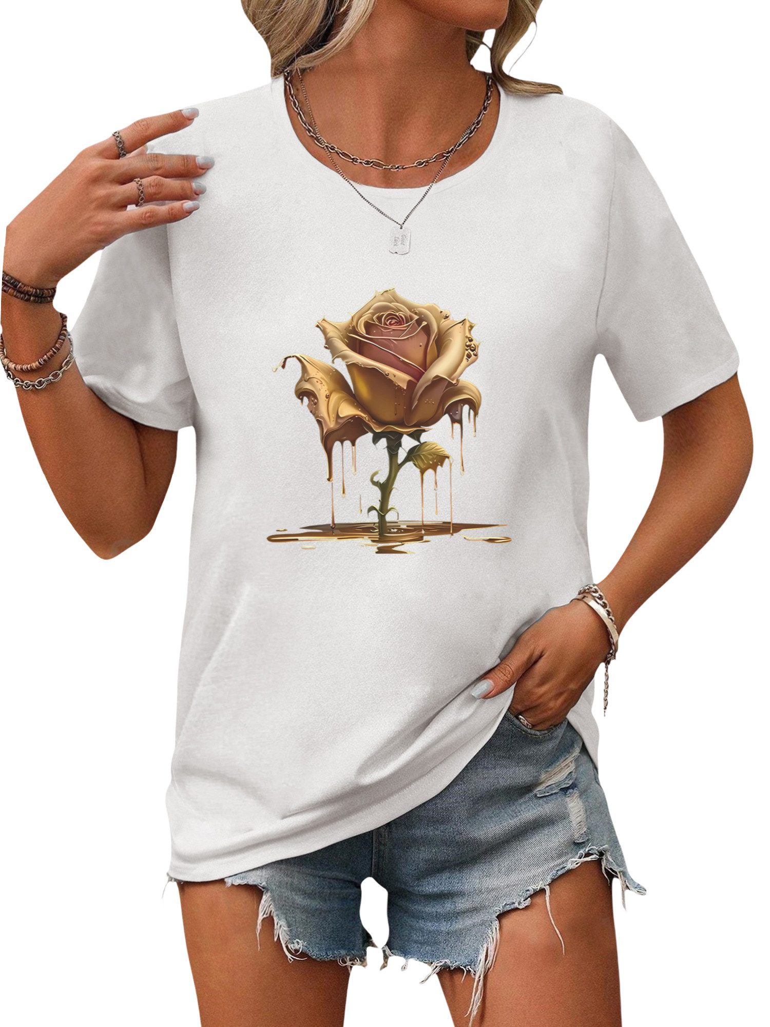 PYLIKE T-Shirt Damen Bequemes Sommer Kurzarmbluse Rose Ausgefallene T-Shirt günstig online kaufen