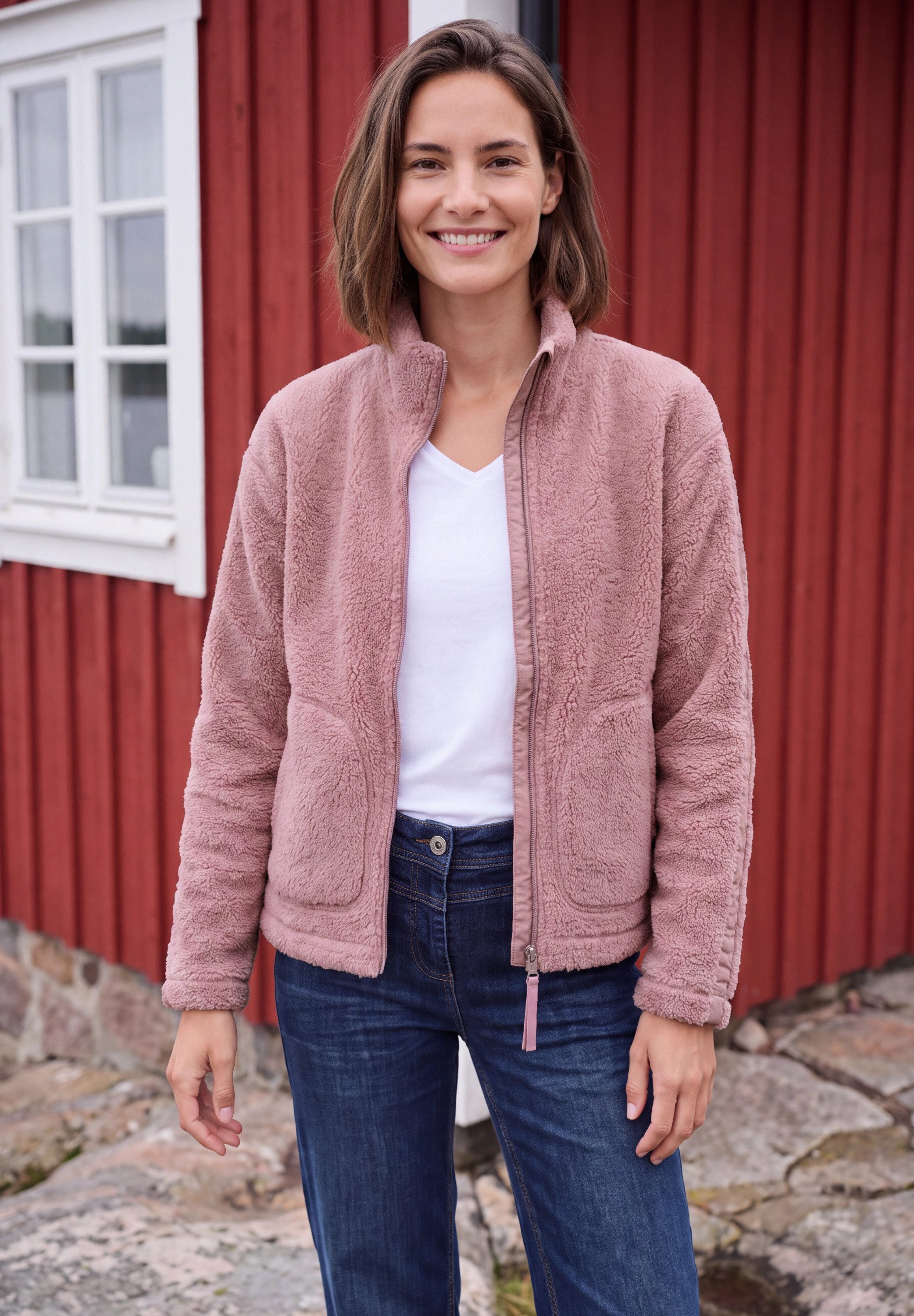 CECIL Sweatjacke Felljacke mit Stehkragen und Zipper