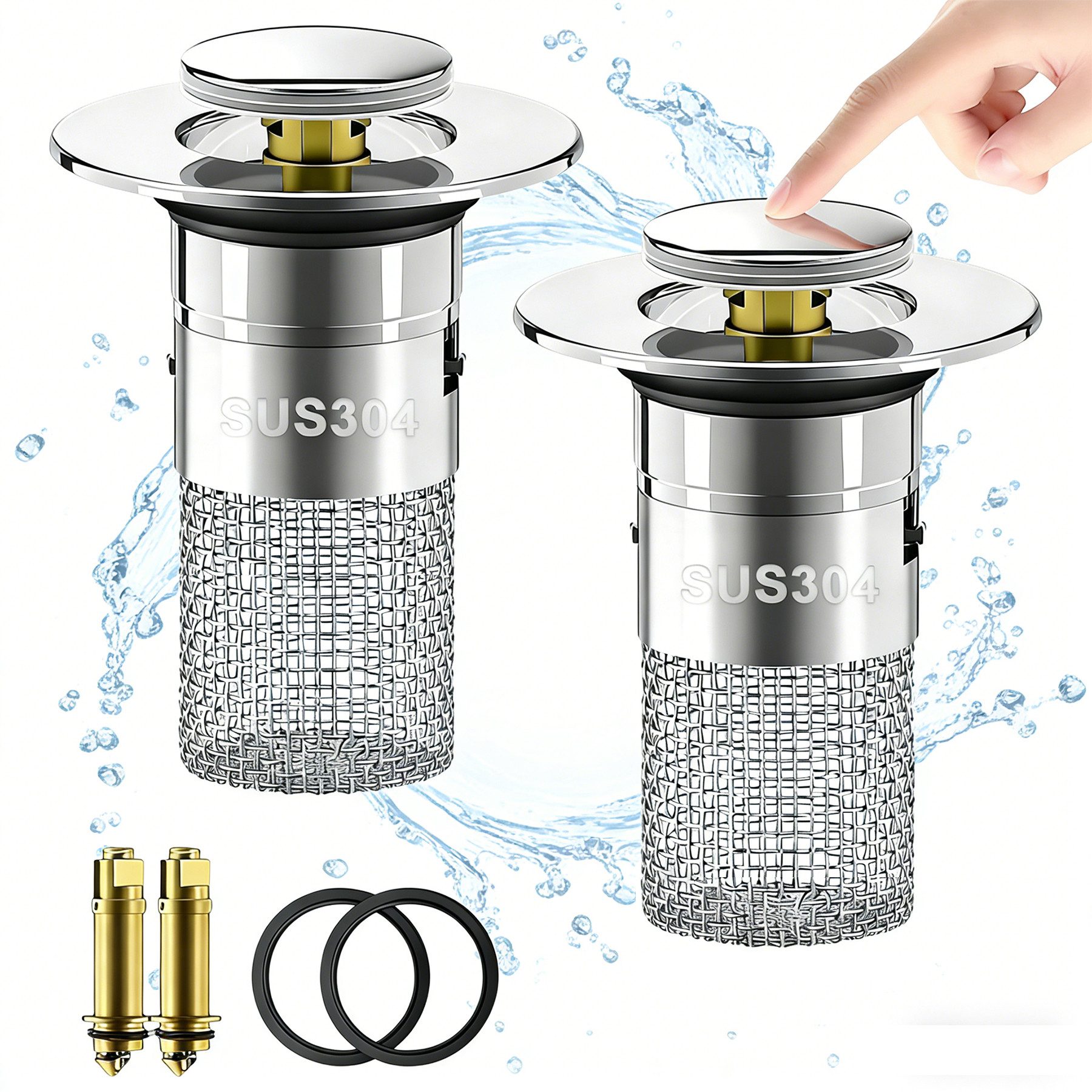 Mutig Waschbeckenstöpsel 2 Stück 2-in-1 Waschbeckenstöpsel mit Abflusssieb, aus 304 Edelstahl, (Universeller Pop Up Abflussstopfen mit Haarsieb, schnell ablaufend, für 28–32 mm Abflussstopfen), Wasserhalt und Ablassmodus, für Bad, Küche, Dusche & Badewanne