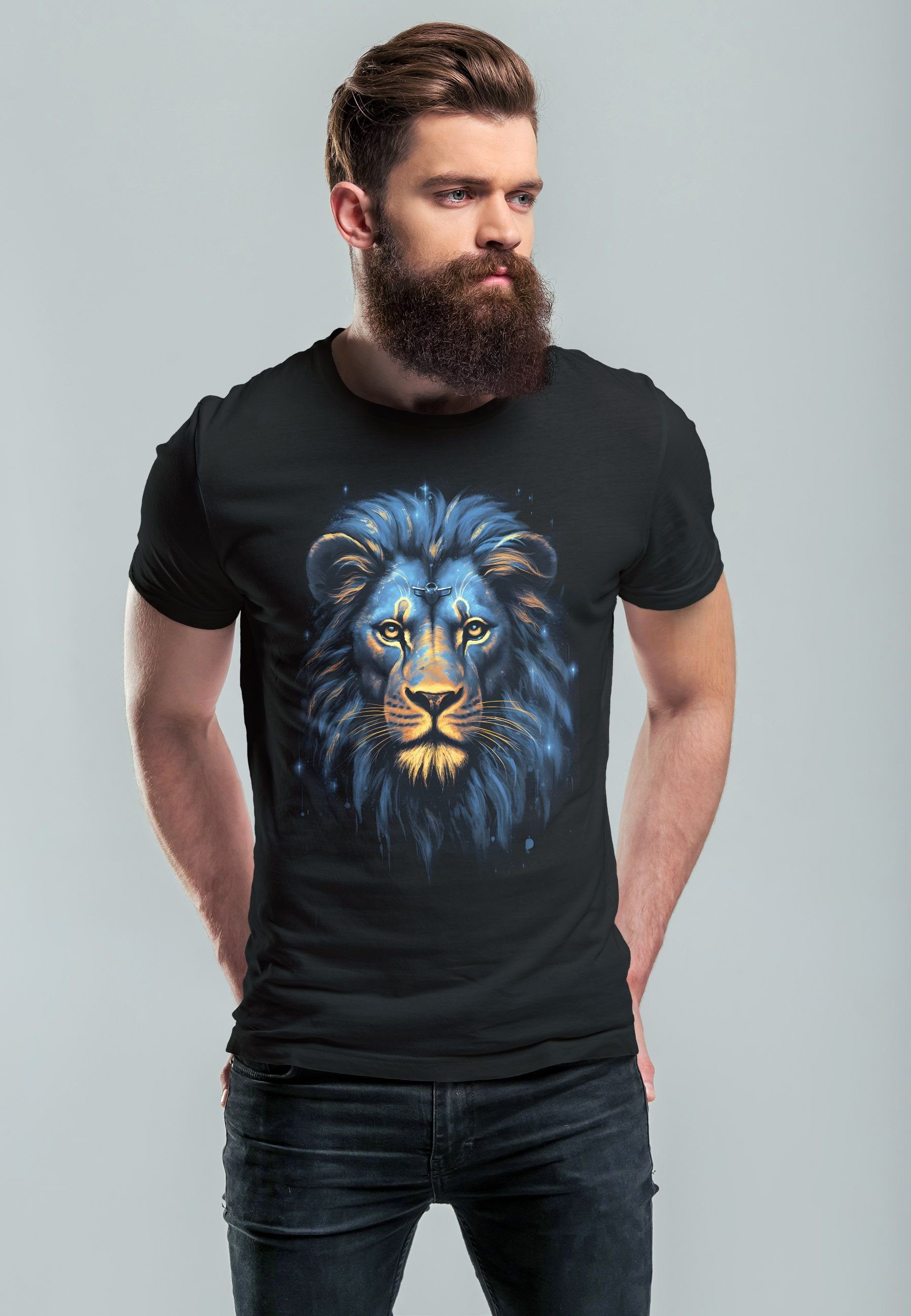 Neverless Print-Shirt Herren T-Shirt Löwe Print schwarz mit Illustration Printsh Kunst Art-Print Lion Aufdruck