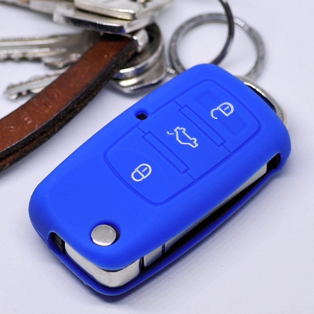 mt-key Schlüsseltasche Autoschlüssel Softcase Silikon Schutzhülle Blau, für VW Seat Skoda bis 11/2009 3 Tasten Klappschlüssel