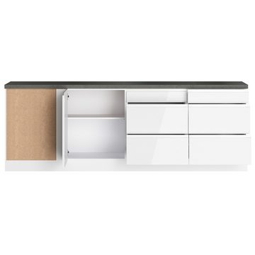 Lomadox Küchenzeile MARSEILLE-03, Winkelküche 300/240cm, Hochglanz weiß & Betonoptik, ohne E-Geräte