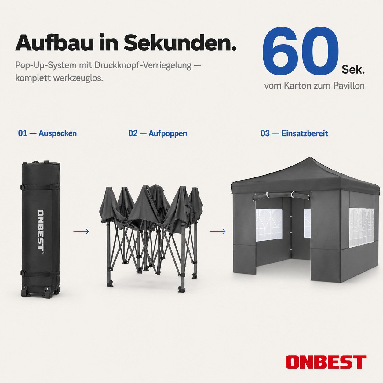 Onbest Pavillon Partyzelt Faltzelt Premium 3x3 Pop-Up mit viel Zubehör, mit 4 Seitenteilen, 420 PU Silver Coated Oxford, wasserdicht, UV 50+ – Bild 3 von 5