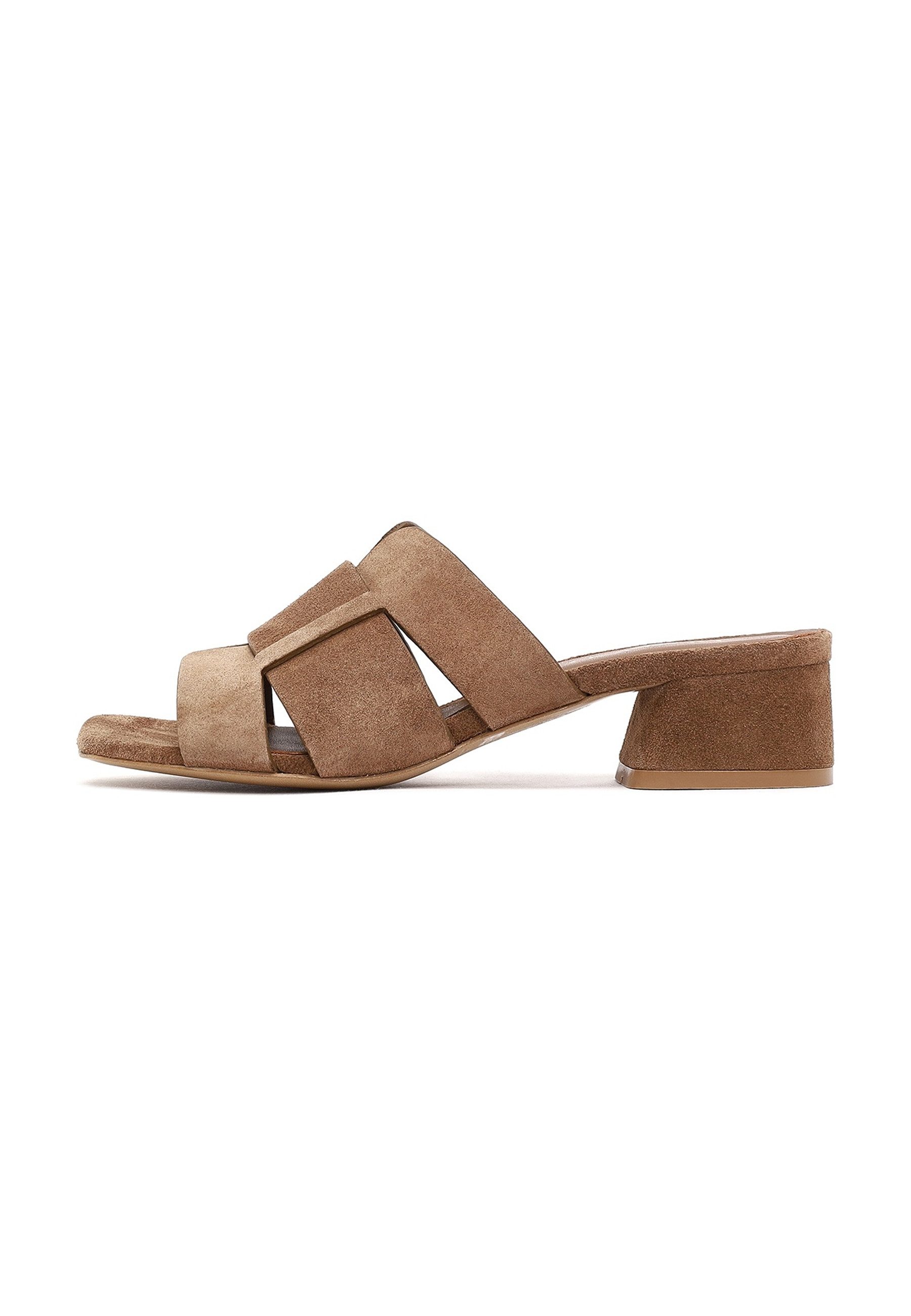 Derimod Mules aus Veloursleder mit mittelhohem Absatz Mules Wildleder, Gewebtes Design, Synthetikfutter, TPU-Sohle, Blockabsatz