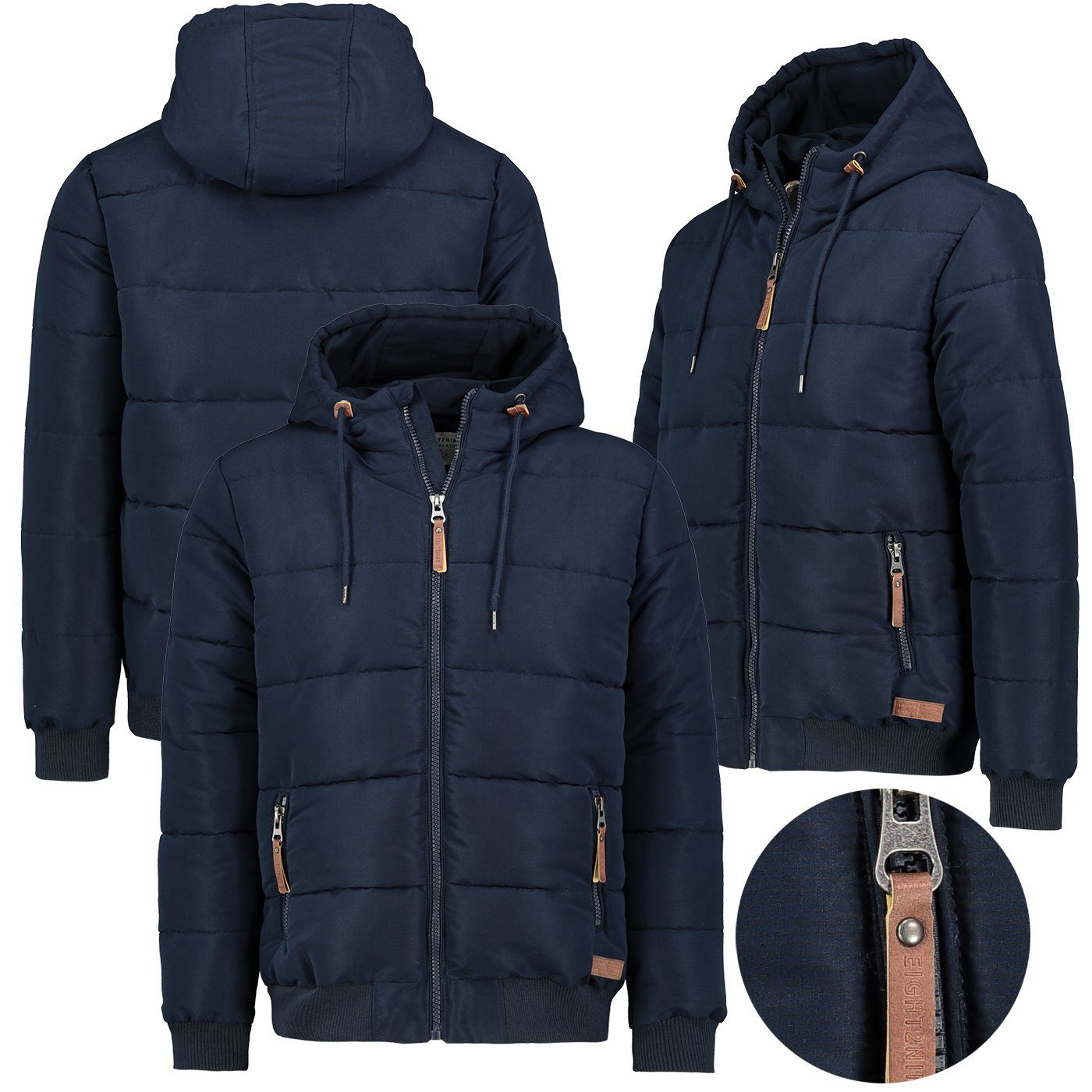 Steppjacke Stehkragen Jacke Gesteppt Winter Navy Steppjacke Kapuzenjacke Warm Eight2Nine Herren