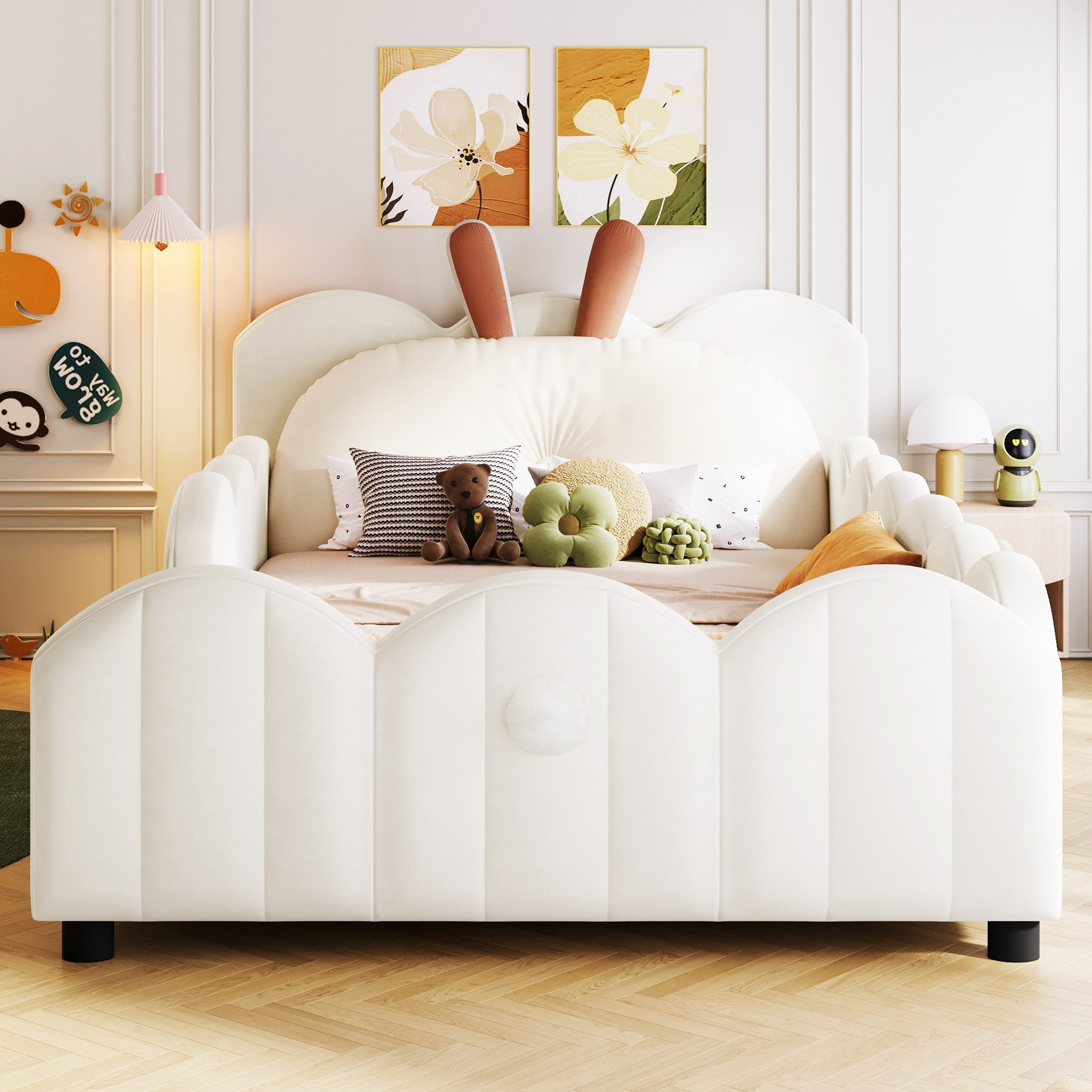 Merax Polsterbett (gepolstertes Plattformbett Bodenbett aus Samtstoff, 1-tlg), Kinderbett 90x200cm mit Lattenrost, Kaninchenkissen und Rausfallschutz