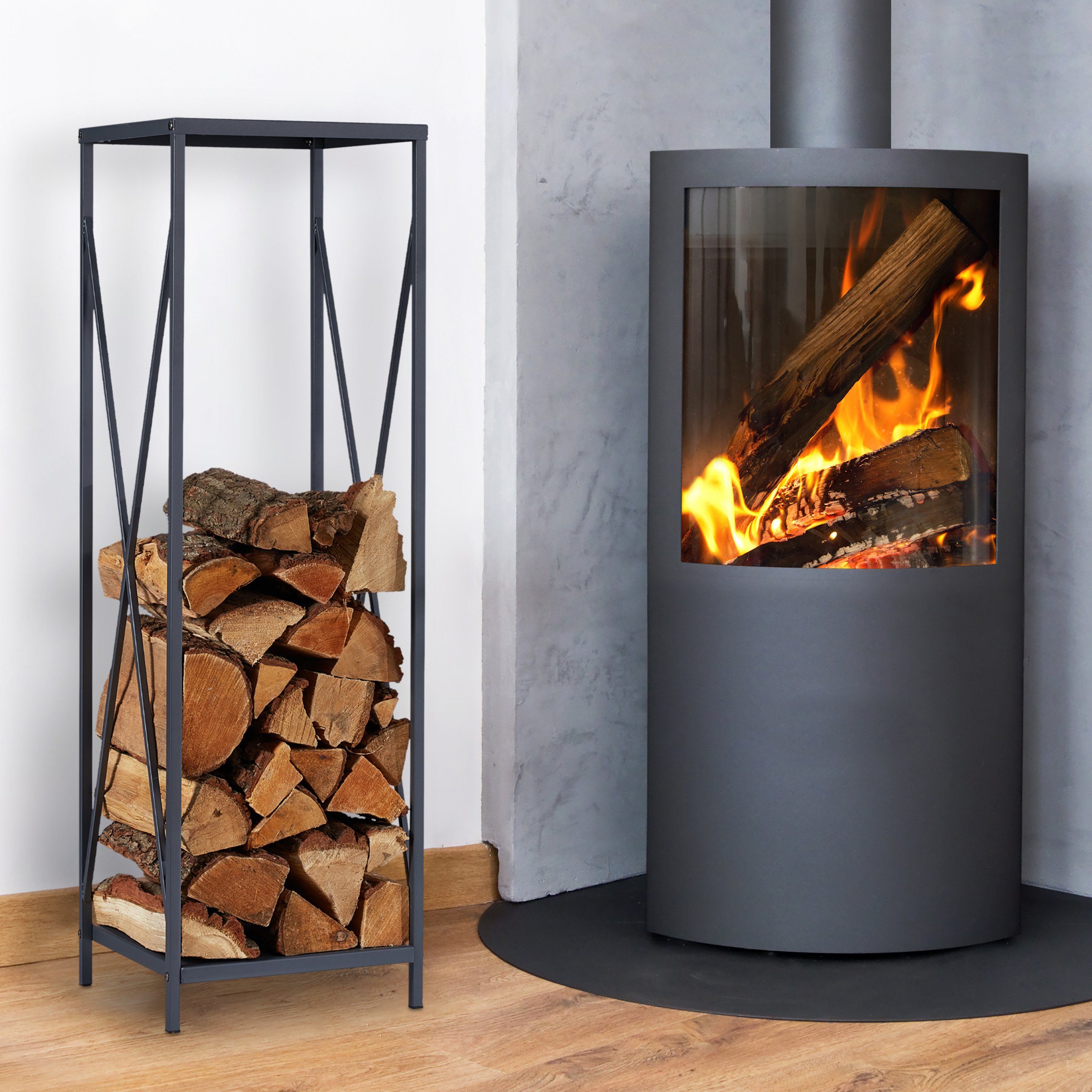 relaxdays Kaminholzregal Graues Kaminholzregal aus Metall, BxTxH:34x34x112 günstig online kaufen