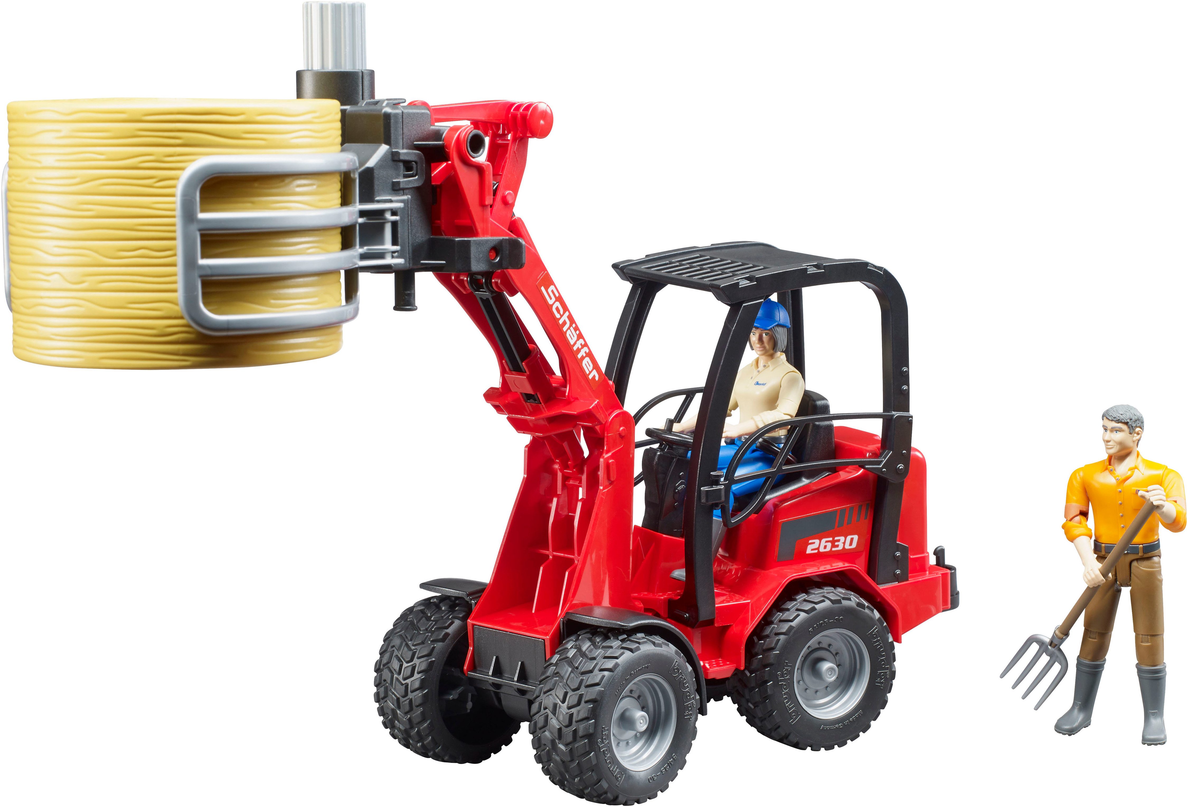 Bruder® Toy Farm Machine Schäffer Wheel Loader 2630/Bale Grab/Round Bale (02192), Made in Europe