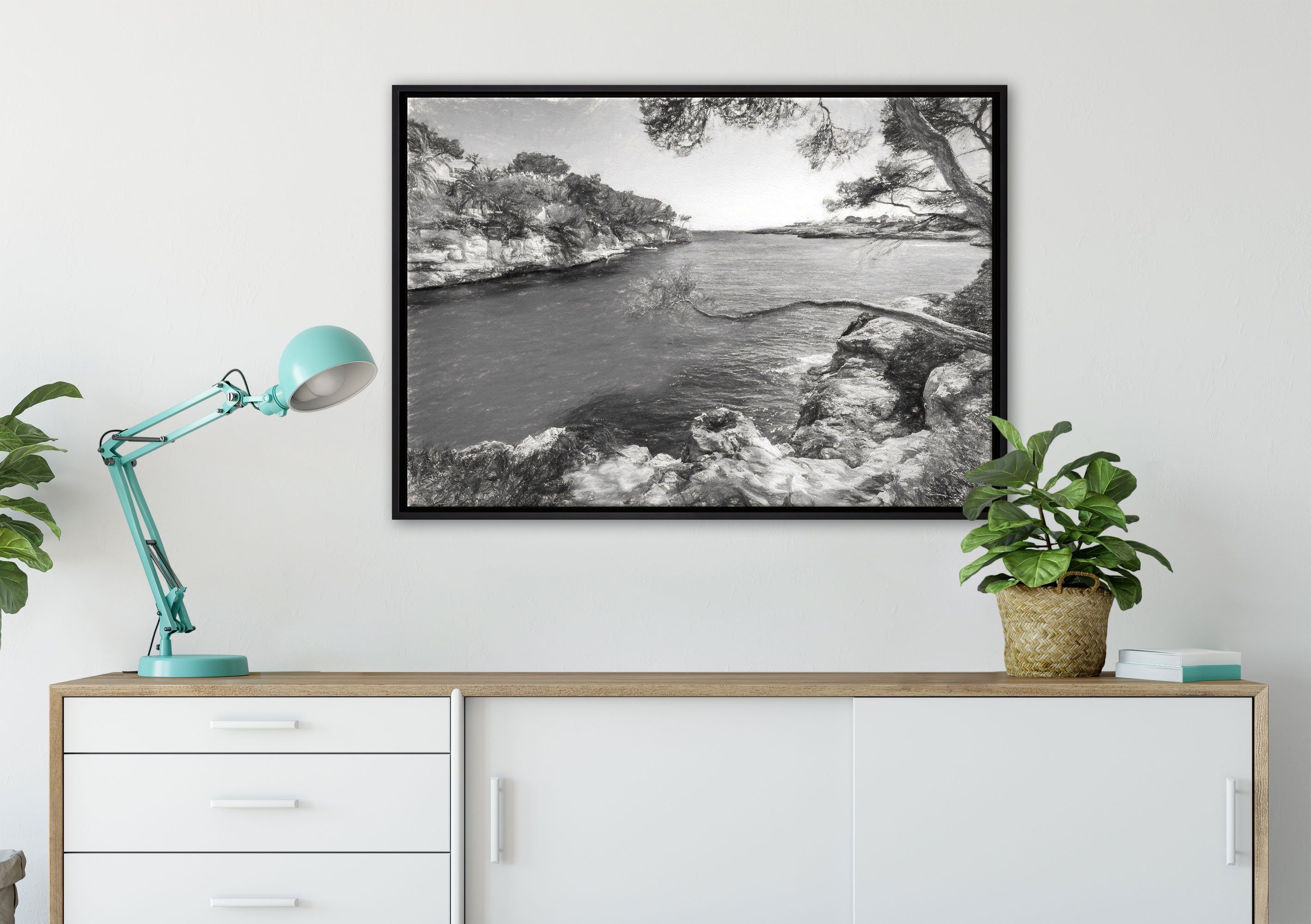 Leinwandbild St), Cove, Schattenfugen-Bilderrahmen fertig gefasst, in Wanddekoration (1 Pixxprint einem Mallorca Zackenaufhänger bespannt, Bay Leinwandbild inkl.