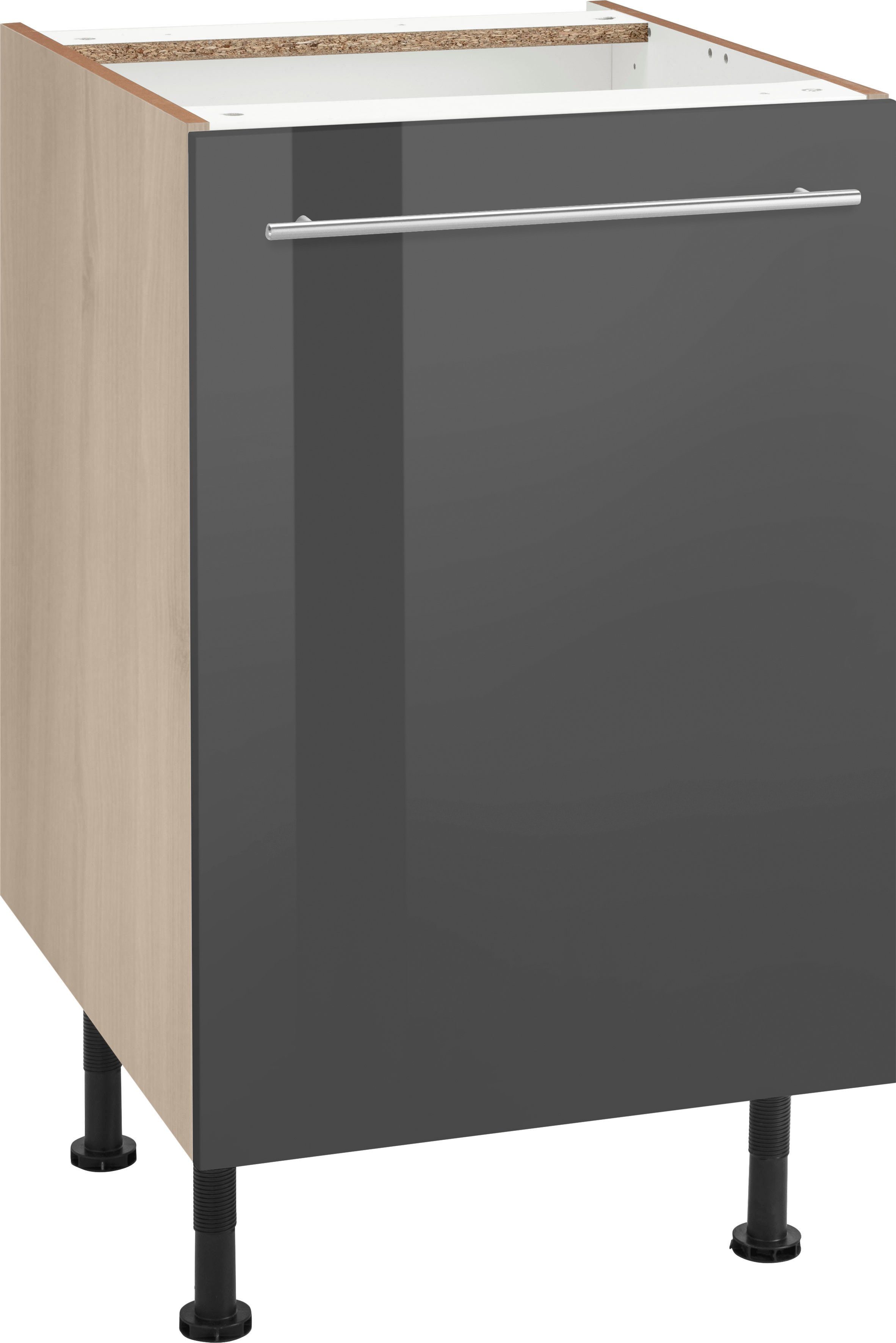 OPTIFIT Unterschrank Bern 50 cm breit, mit 1 Tür mit höhenverstellbaren Füßen, mit Metallgriff grau Hochglanz/akaziefarben