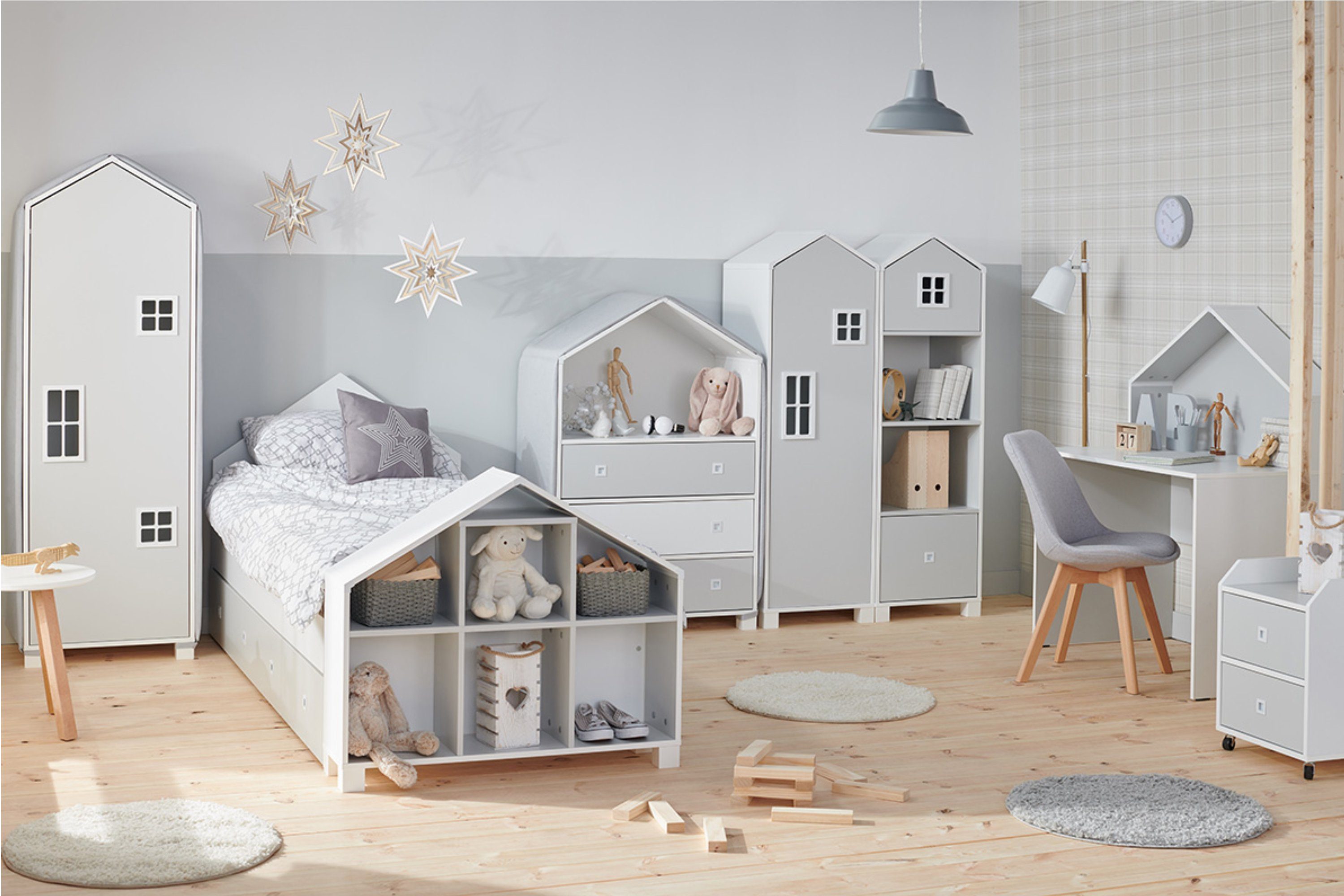 Konsimo Kinderregal Hausform Standregal weiß grau Spielzeug, 3 MIRUM Regal, Bücherregal Bücherregal mit Ebenen / offenes