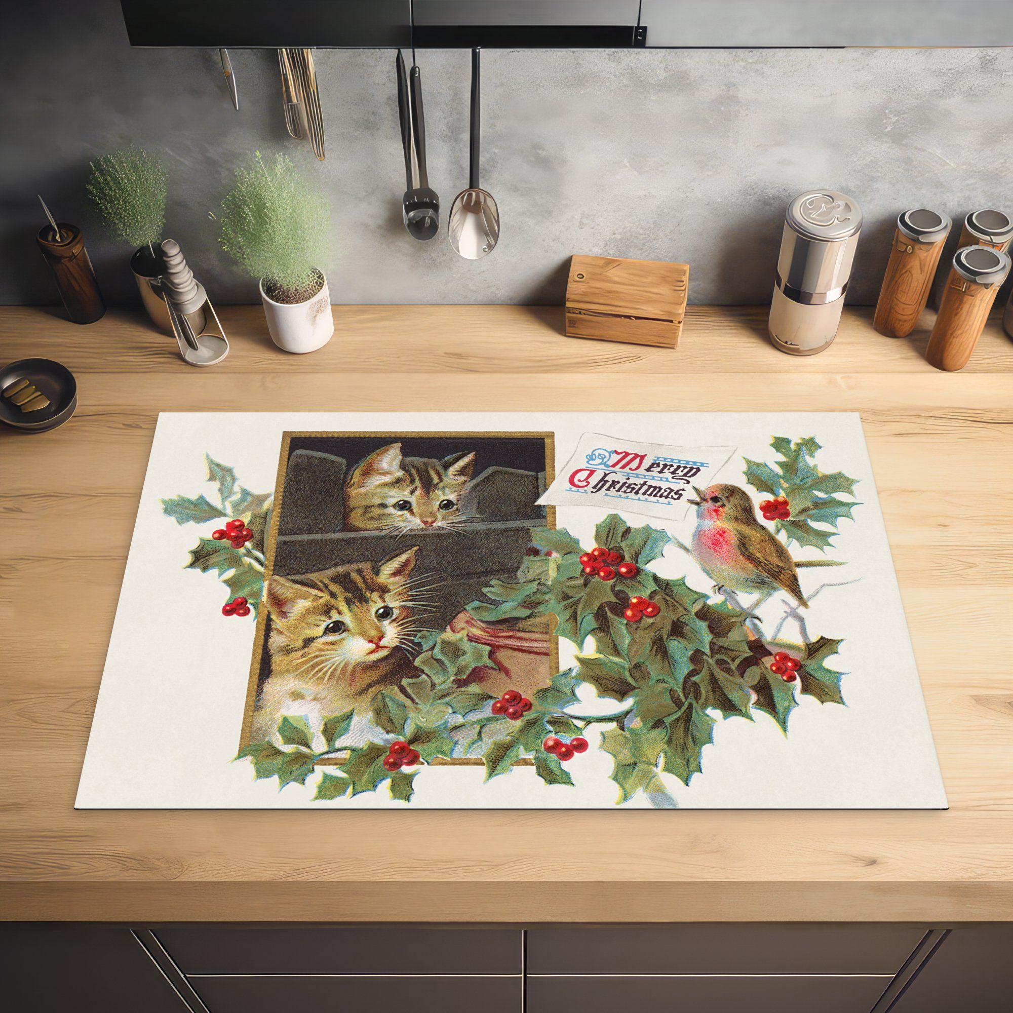 MuchoWow Herdblende-/Abdeckplatte Weihnachten - die Vogel, Schutz (1 Katzen Vinyl, 81x52 cm, Ceranfeldabdeckung Induktionskochfeld - für tlg), küche
