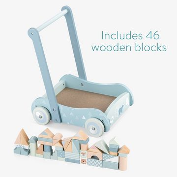 Navaris Lernspielzeug Lauflernwagen aus Holz mit 46 Bauklötzen - Blau (1-St)