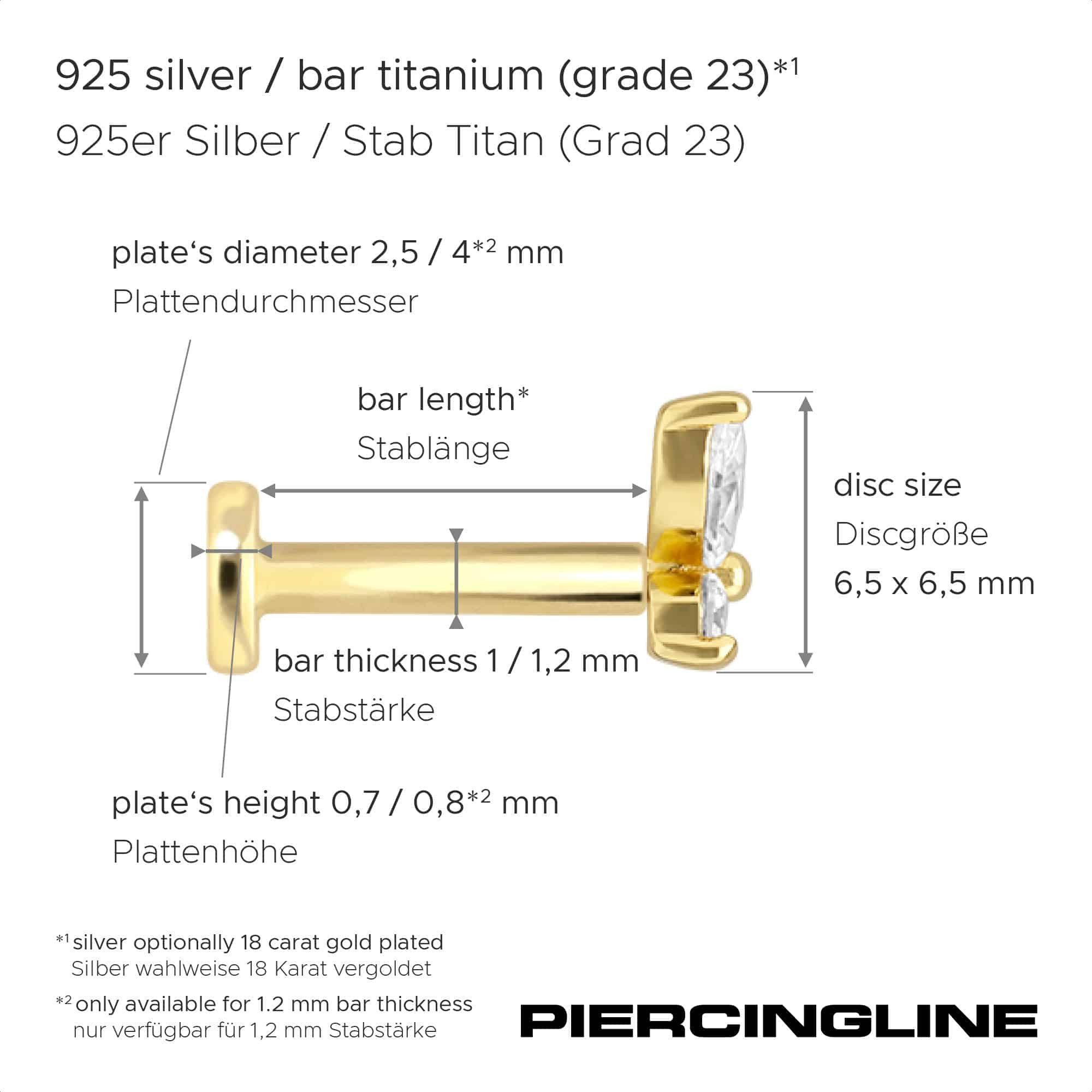 PIERCINGLINE Piercing-Set Titan Labret mit Innengewinde + 925er Silber Aufsatz (Labrets, 1-tlg)
