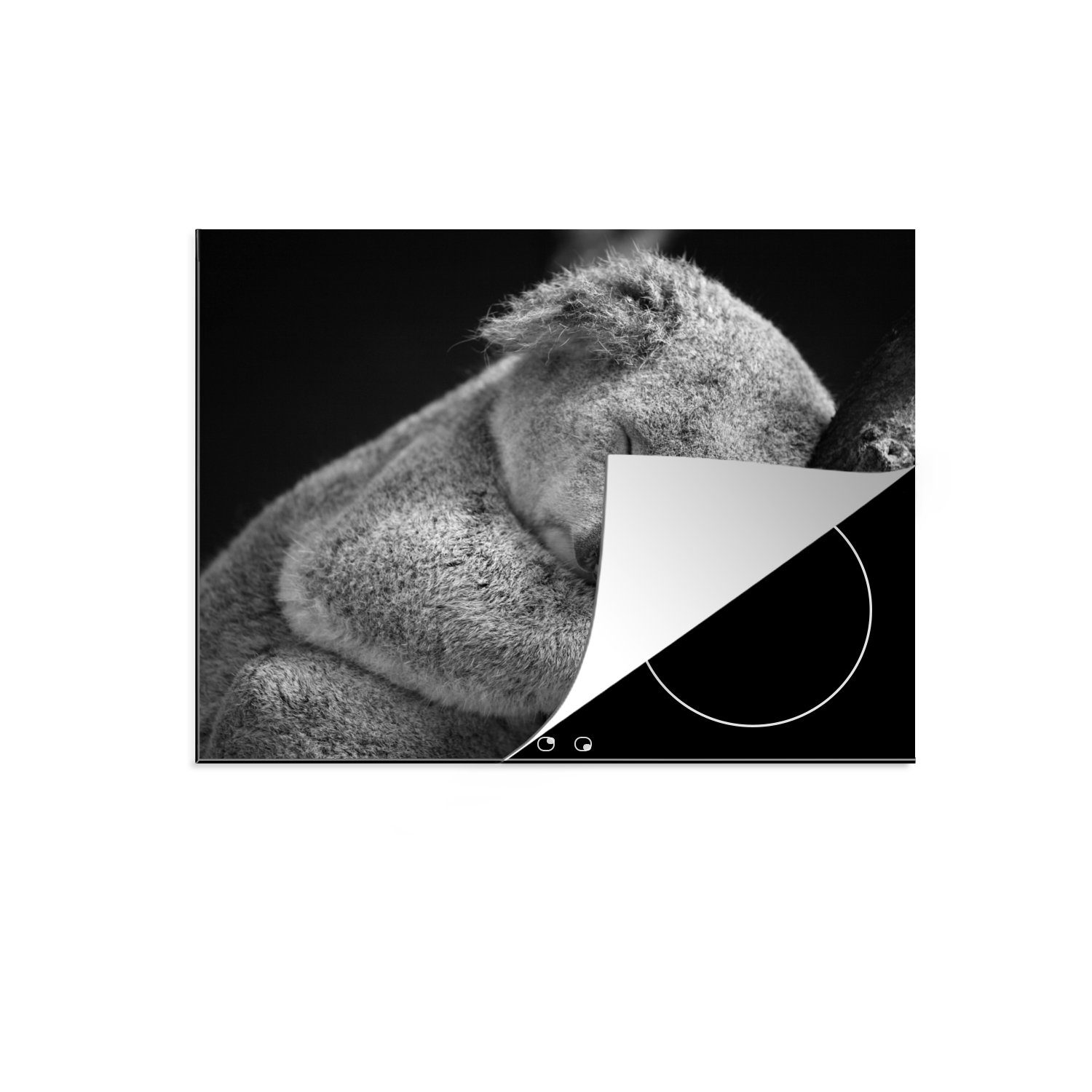 MuchoWow Herd-Abdeckplatte Schlafender Koala auf schwarzem Hintergrund, Vinyl, (1 tlg), Cerankochfeld Abdeckung, Herd Abdeckplatten Vinyl, 58.3x51.3 cm