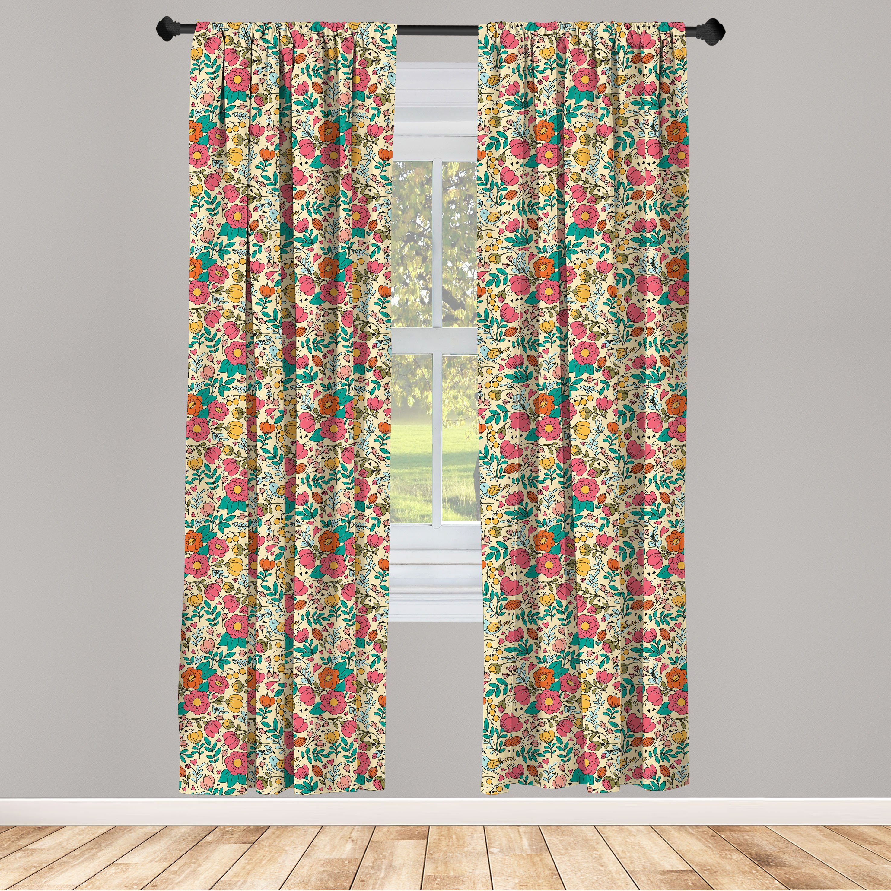 Gardine Vorhang für Wohnzimmer Schlafzimmer Dekor, Abakuhaus, Microfaser, Blumen Cartoon Singing Birds Blume