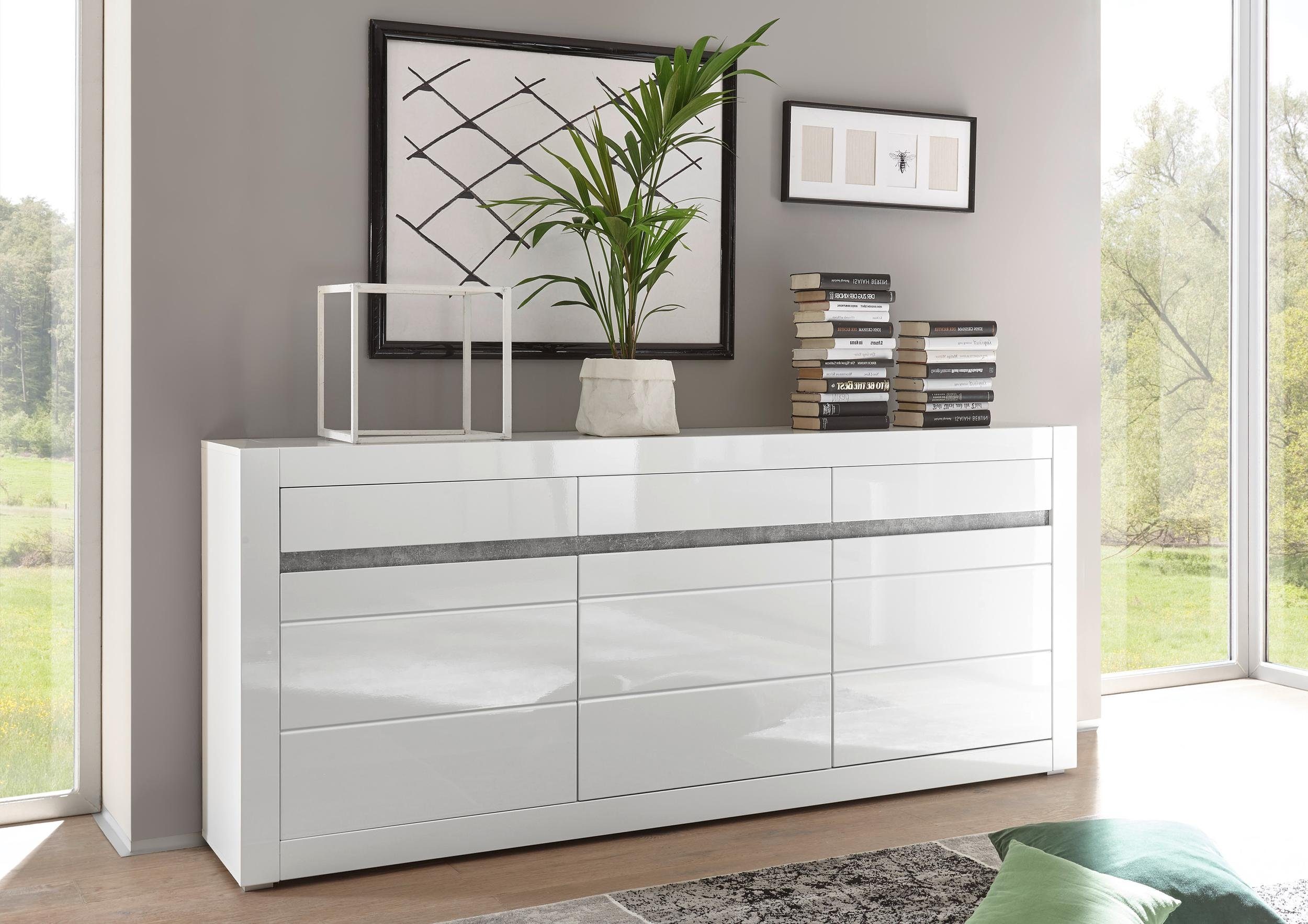 99rooms Kommode Edelstein Weiß Matt, Weiß Hochglanz (Sideboard, Standschrank), mit Einegeböden und Schubladen, Soft-Close Funktion, Hochglanzfront