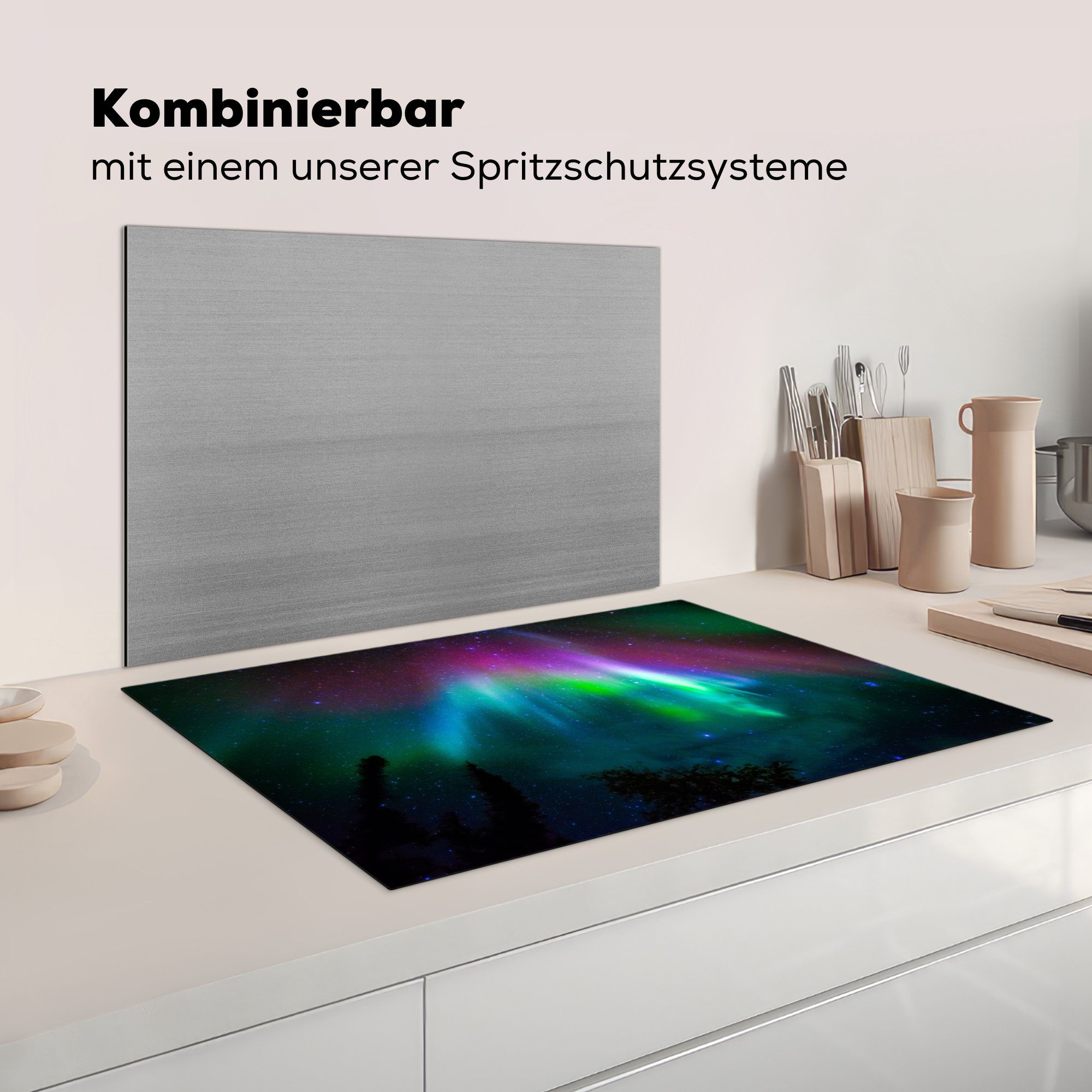 Farben, Nordlichter Sternenhimmel cm, Ceranfeldabdeckung Schutz MuchoWow 81x52 die Herdblende-/Abdeckplatte - - (1 Vinyl, Induktionskochfeld küche, für tlg),