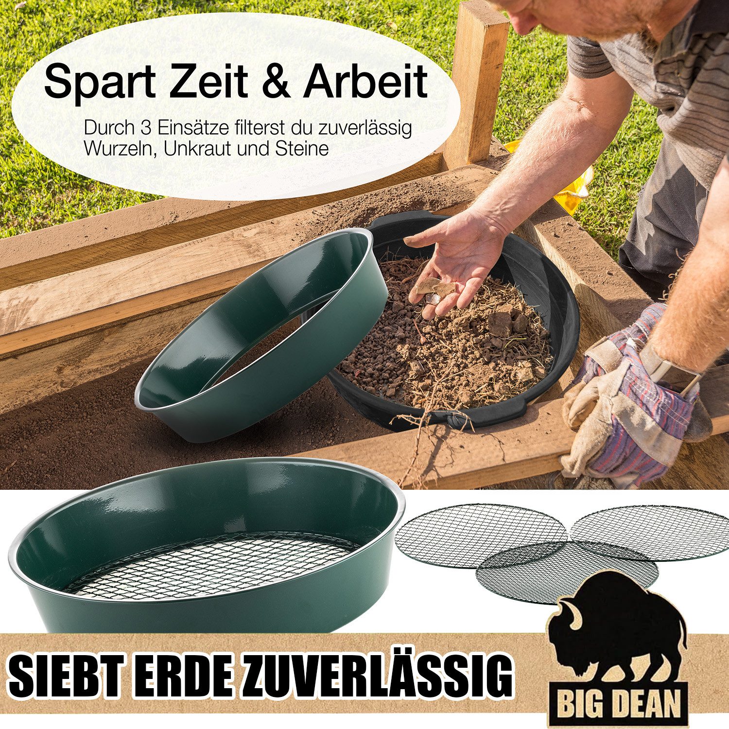 BigDean Gartensieb aus Metall mit 3 Maschenweiten 6,4 mm/9,5 mm/12,7 mm - Erdsieb, Kunststoff, Metall, (Packung, 1-St., Gartensieb), Robustes Metall, Vielseitig – Bild 5 von 5