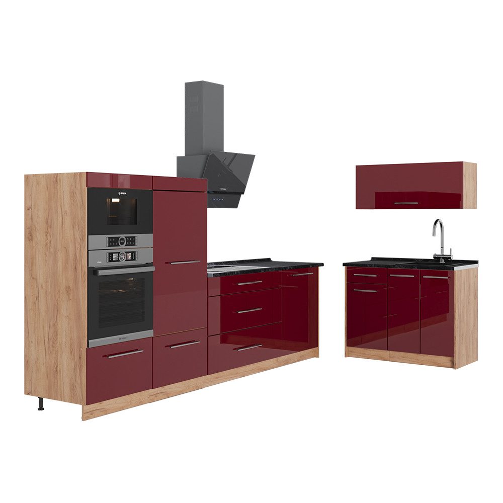 Vicco Küchenzeile Fame-Line, Bordeaux Hochglanz/Goldkraft Eiche, 380 cm, AP Anthrazit