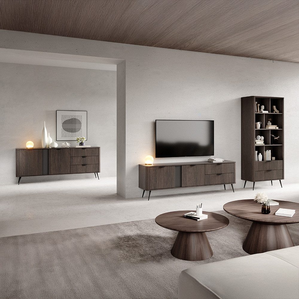 Lomadox Wohnzimmer-Set VOLTERRA-167, (Mega-Spar-Set, 3-St., TV-Lowboard Bücherregal Sideboard), in Eiche mit schwarzem Rillendesign, Füßen und Griffen