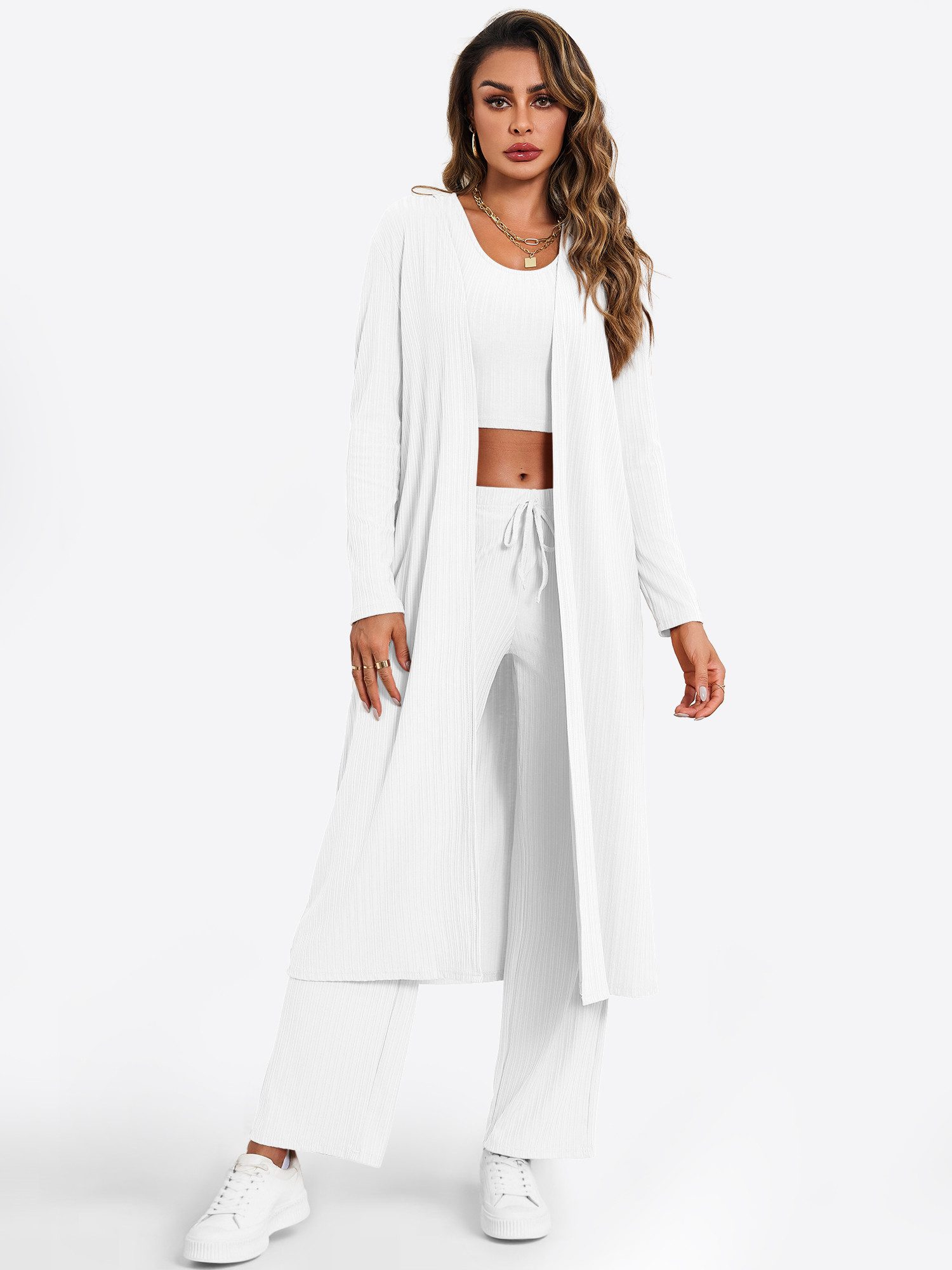 Imily Bela Hausanzug Damen 3-teilige Lounge-Sets Піжами (set, 3 tlg., Weste mit Rundhalsausschnitt + Hose + langärmelige Strickjacke) Volltonfarbe