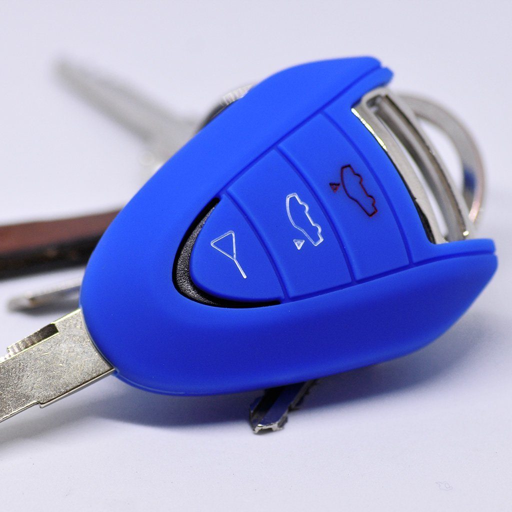 mt-key Schlüsseltasche Autoschlüssel Softcase Silikon Schutzhülle Blau, für Porsche 911 997 987 Boxster Cayman Funkschlüssel 3 Tasten
