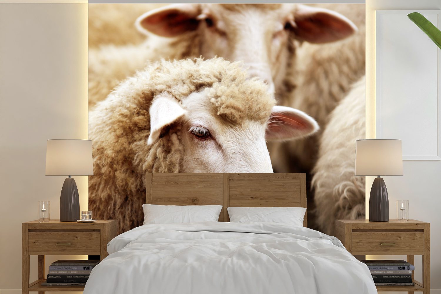 St), Weiß, Wolle Schlafzimmer, MuchoWow Tapete für Vinyl oder (5 Matt, - Fototapete Schaf bedruckt, Wandtapete Wohnzimmer -