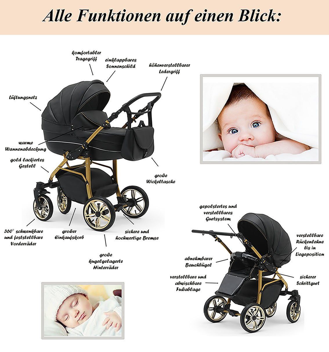 46 Kinderwagen-Set 16 Kombi-Kinderwagen Weiß-Schwarz Cosmo - 3 ECO in - 1 Gold Farben babies-on-wheels in Teile