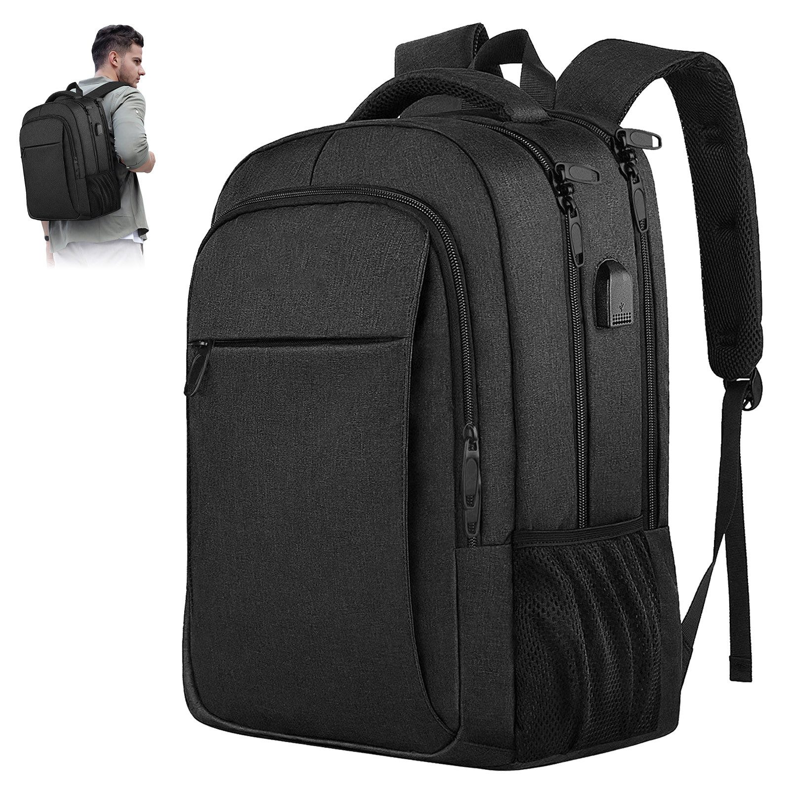 OKWISH Laptoprucksack Laptop Rucksack Schulrucksack Wasserbeständig Laptoptasche (15,6 Zoll Notebook Rucksack, Anti-Diebstahl, mit USB-Lade-Anschluss, Koffergurt), Herren Damen Jungen Teenager Freizeit Arbeit Business Reisen