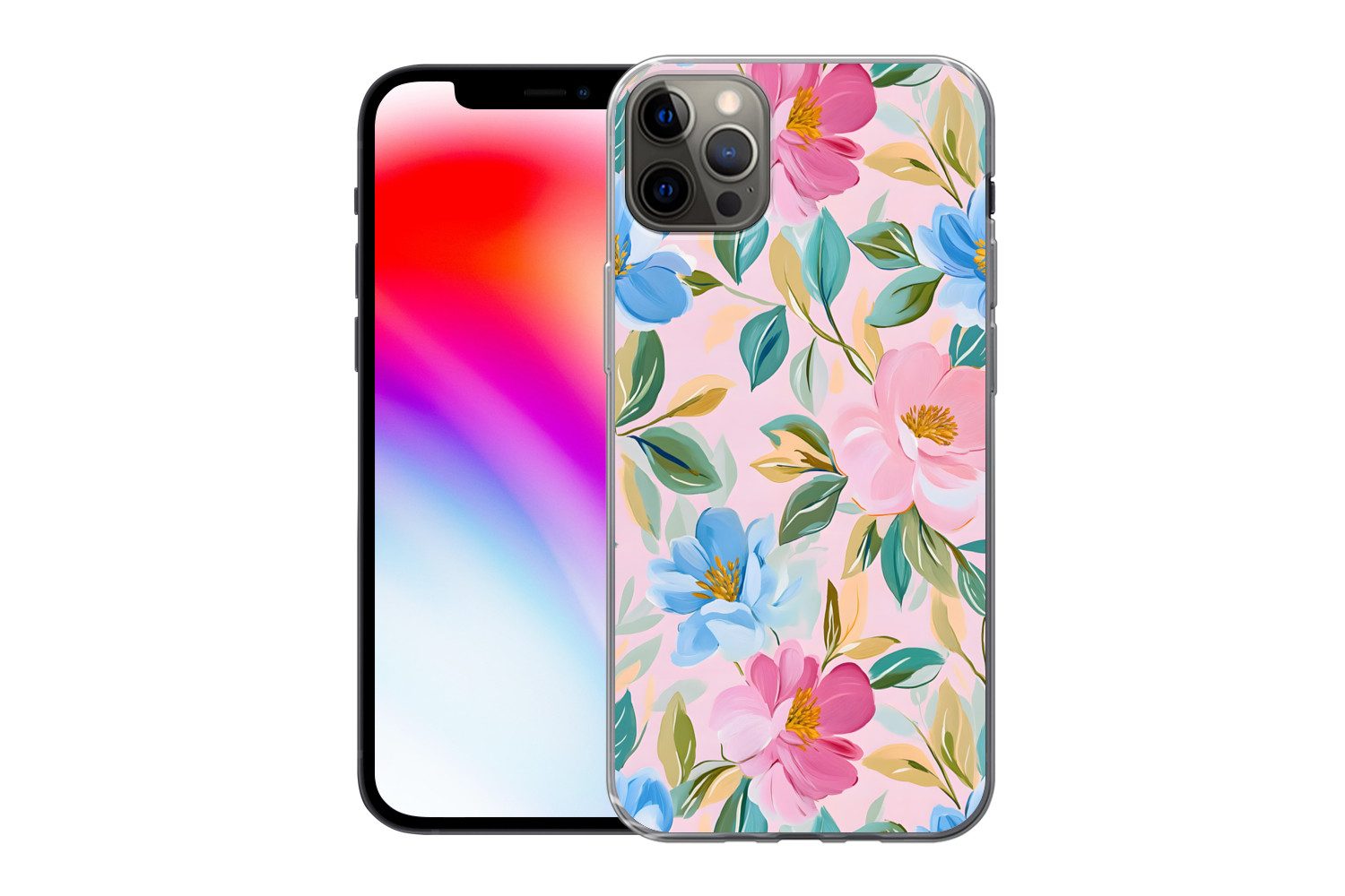 MuchoWow Handyhülle für Apple iPhone 13 Pro Max Blau - Rosa - Blumen, Smartphone-Bumper, Print, Handy Schutzhülle Dünn