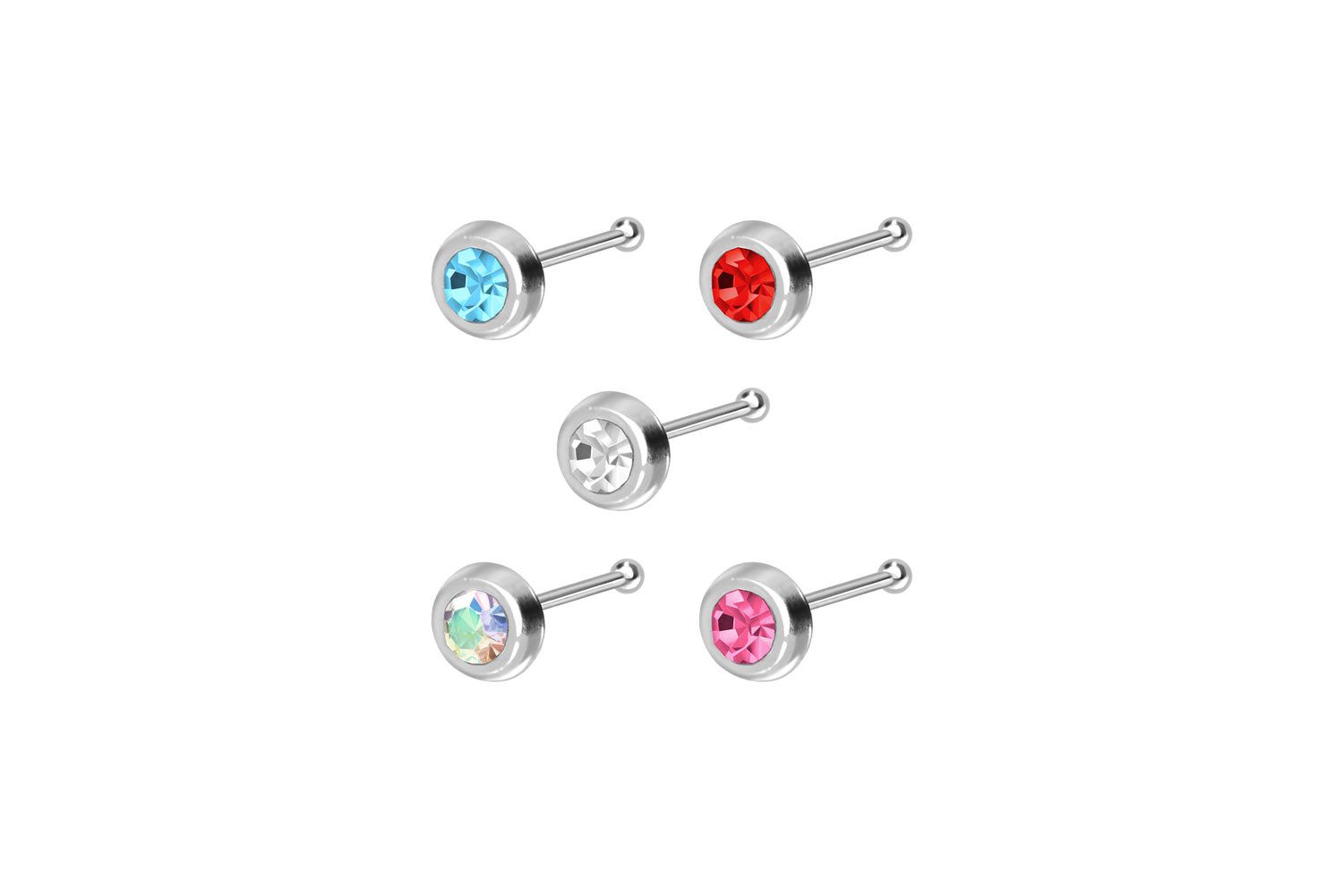 PIERCINGLINE Nasenpiercing SET 925er Silber Nasenstecker Pin RUNDER KRISTALL (Nasenstecker, 5er SET1 = HB/HR/KK/RB/RS)