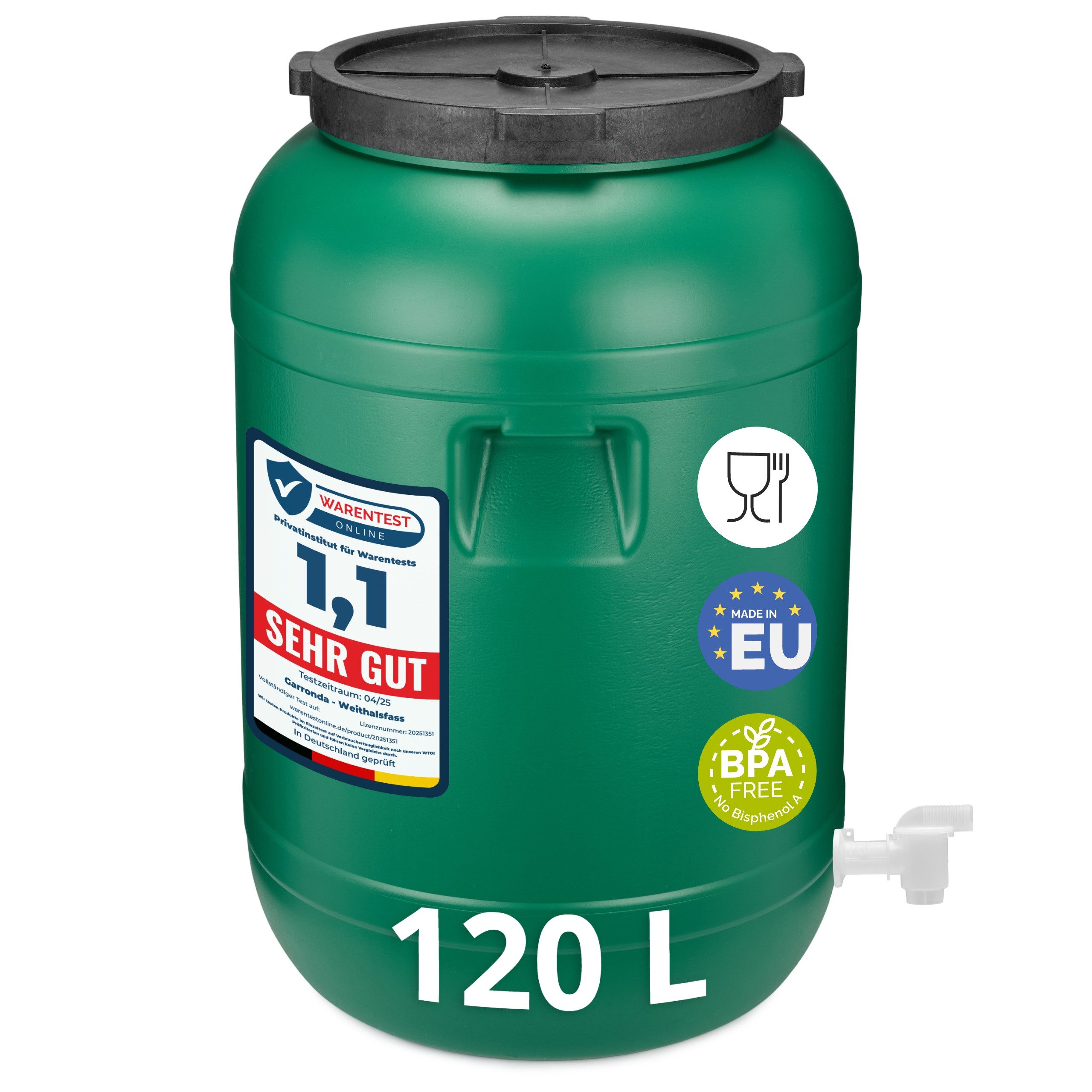 Garronda Regentonne Weithalsfass 120 Liter mit Hahn Plastikbehälter mit Deckel GD-0142, 120 l, (1-tlg), BPA-Frei