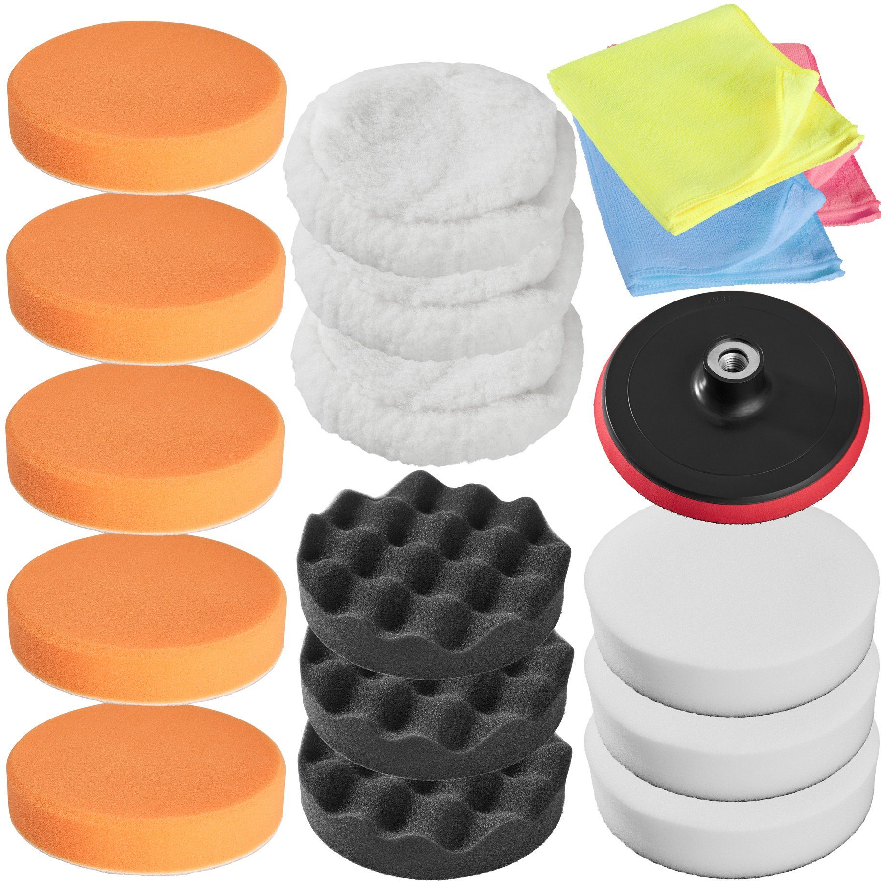 tectake Polierschwamm 18-teiliges Polierteller-Set mit Klettverschluss, 3 Polierfelle, (Polierhauben-Set, 1 St., in weiß), 11 Polierschwämme, 3 Mikrofasertücher, M14-Polierteller 150 mm