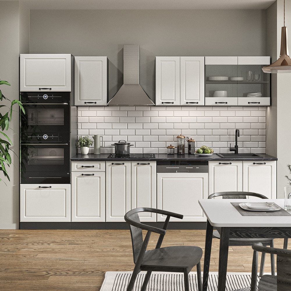 Vicco Küchenzeile R-Line, Weiß Landhaus/Anthrazit, 300 cm mit Hochschrank, AP Marmor