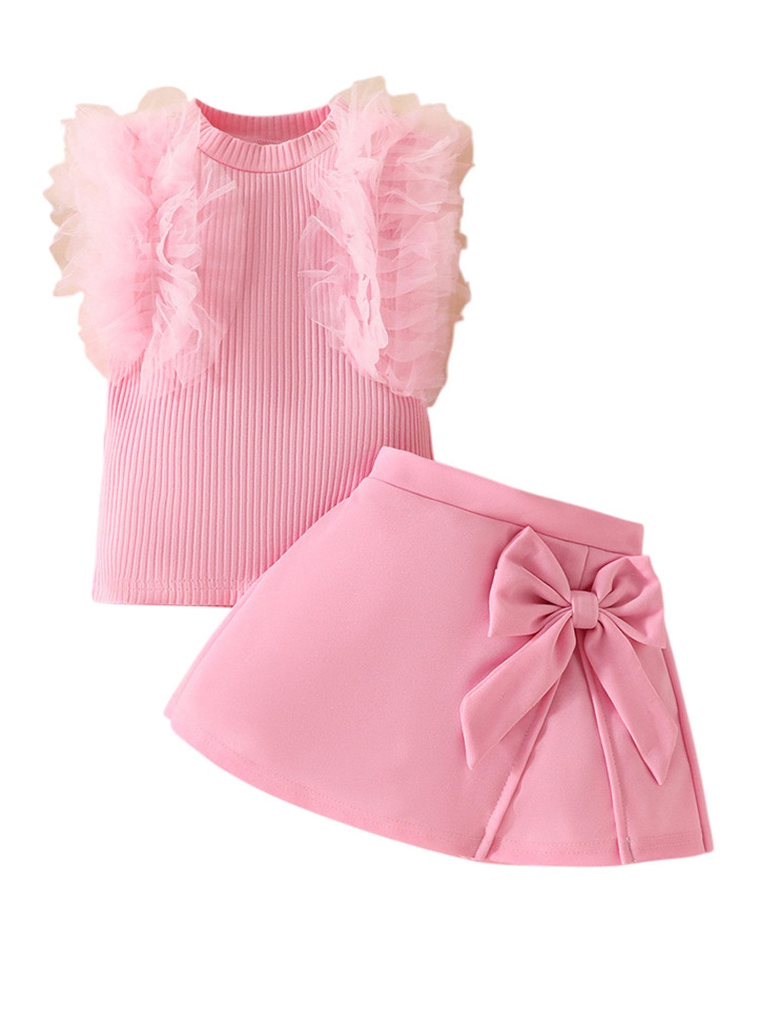 Gluckids Shirt & Rock Baby Mädchen Süße Sommer Outfits Set, Ärmellos Top + Rock mit Bowknot (Set, 2-tlg) Elegante Rüschen Baby-Sets, Party, Urlaub, Hochzeit Babykleidung