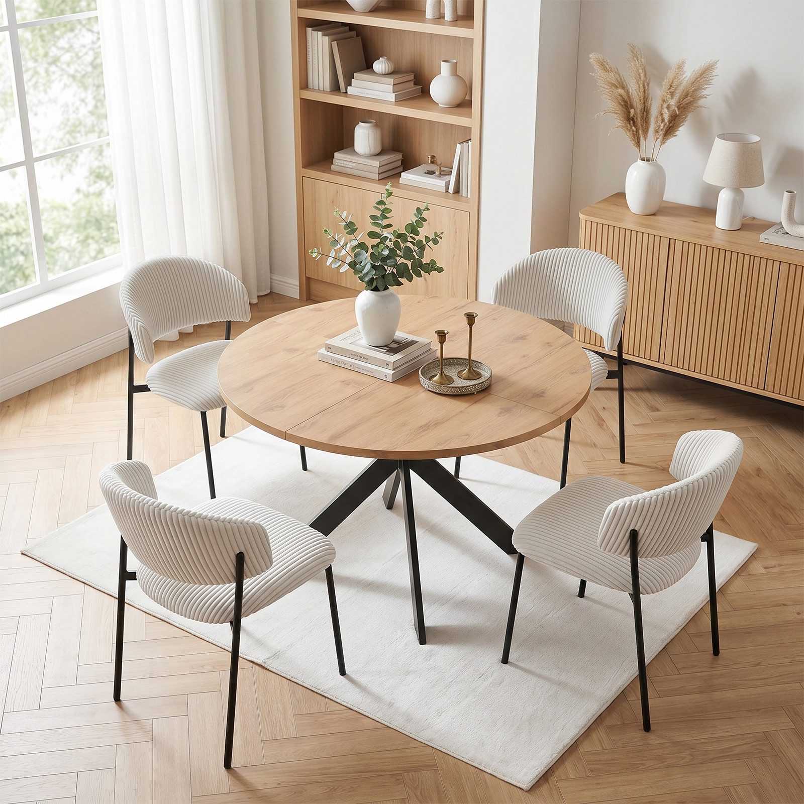 Jiexi Essgruppe Essgruppe Runder Tisch Ø 115cm Eiche-Optik mit Cord Stühlen – Bild 2 von 5