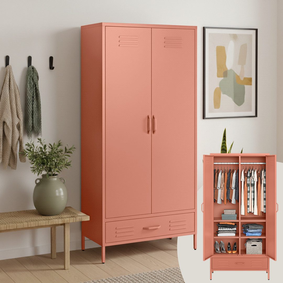 skølm Kleiderschrank Atria aus Metall (Terrakotta) Metallschrank mit 6 Fächern, 1 Schublade & 2 Kleiderstangen