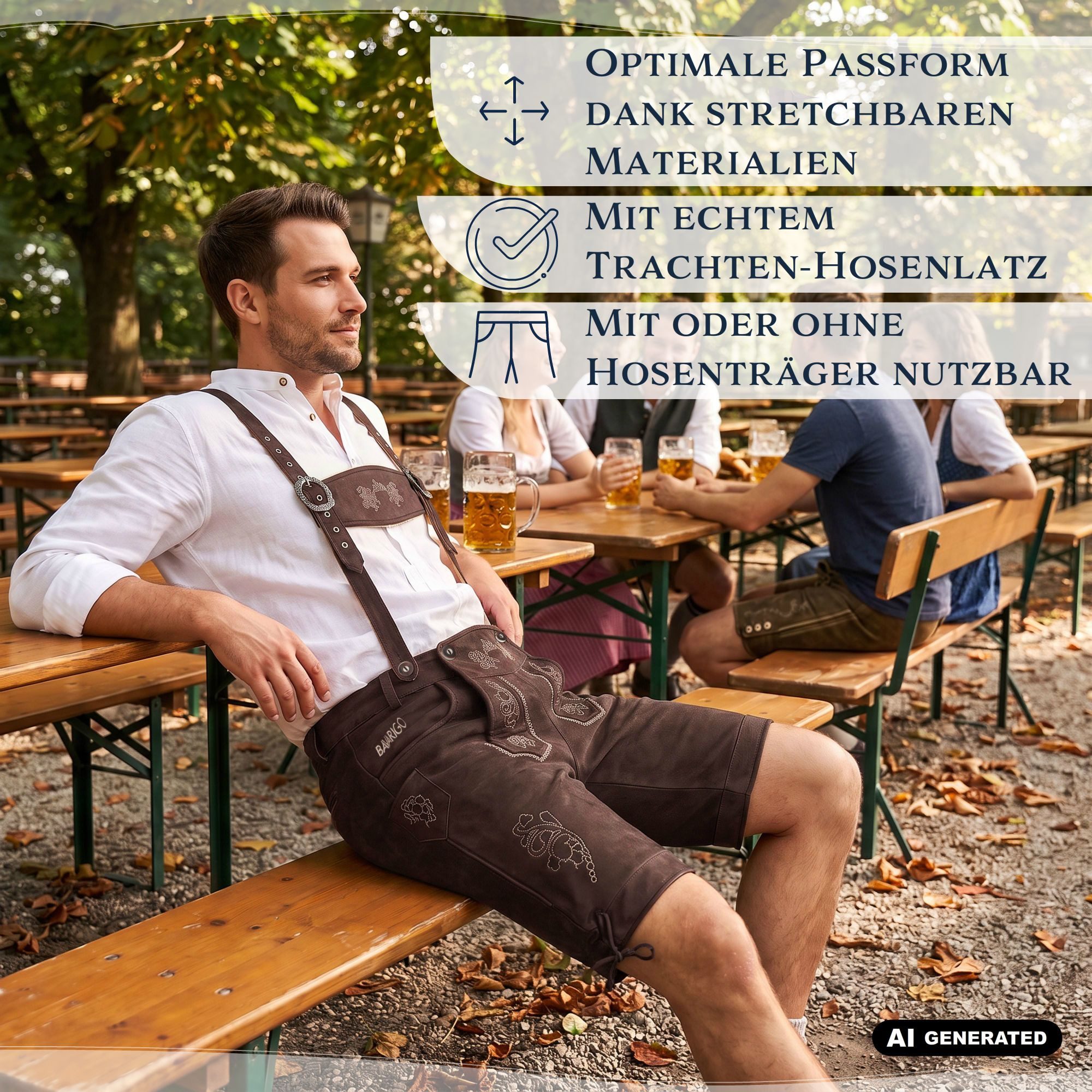 Bavarigo Trachtenhose ADRIAN Vegane Stretch Lederhose mit abnehmbaren Trägern mit traditioneller Stickerei - für Dein Oktoberfest Outfit – Bild 5 von 5