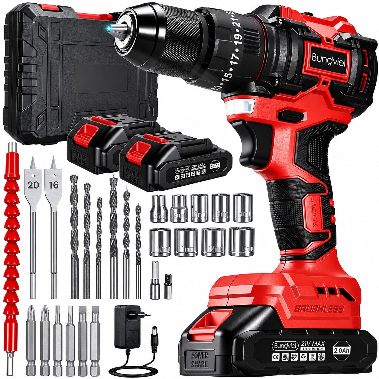 Bundviel Akku-Bohrschrauber 21V Akkuschrauber 3in1 Akkubohrer Bohrmaschine mit 2 Akkus, max. 1800 U/min, (Set, mit 2 x 2000mAh Akkus & 27-tlg), 2 Gang, 25+3 Drehmomentstufen, Akku-Schlagbohrschrauber