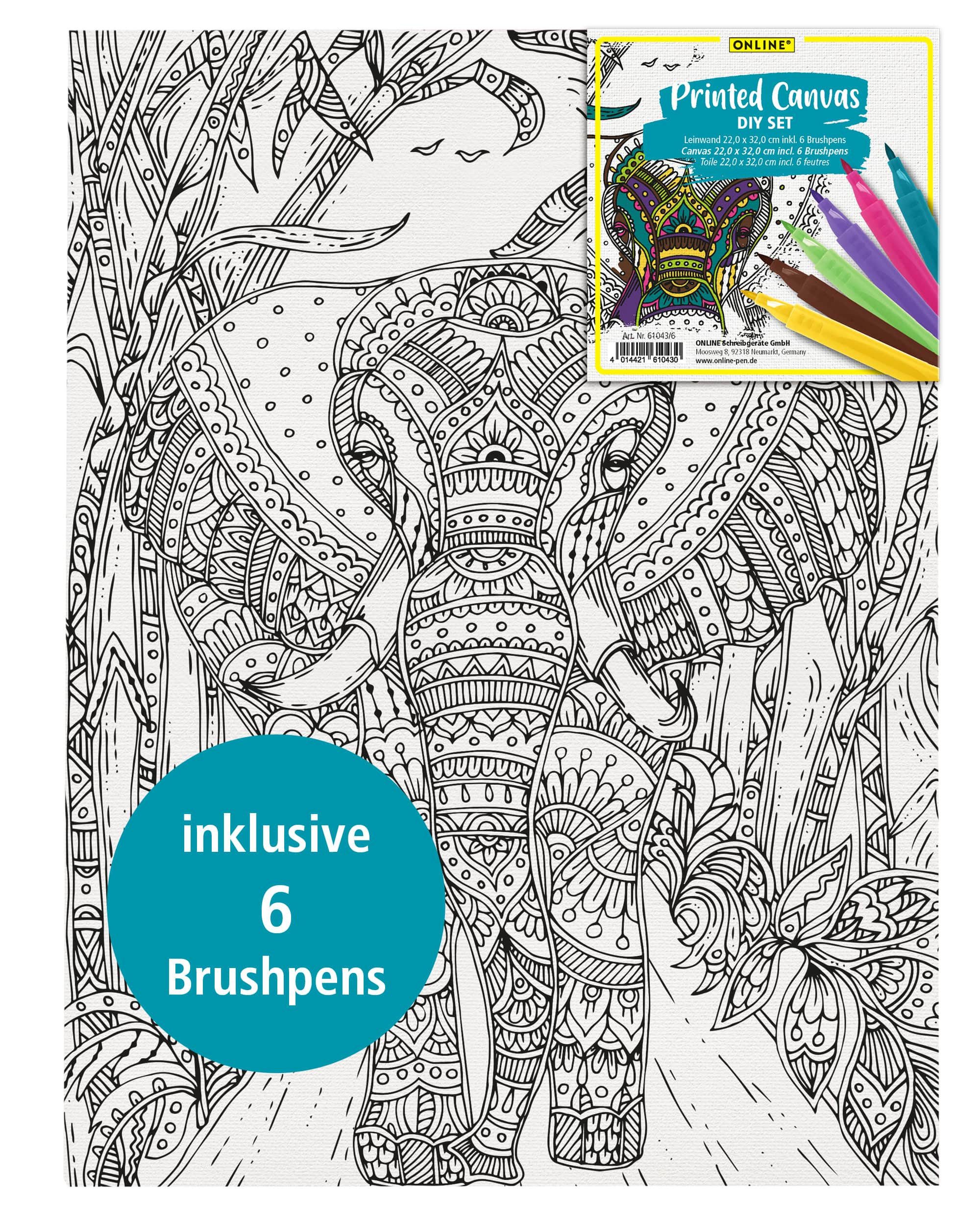 Online Pen Malvorlage Leinwand-Malen für Jugendliche & Erwachsene (mit 6 bunten Brush-Pens, detailliertes Mandala), Motiv Elefant, 22 x 32 cm